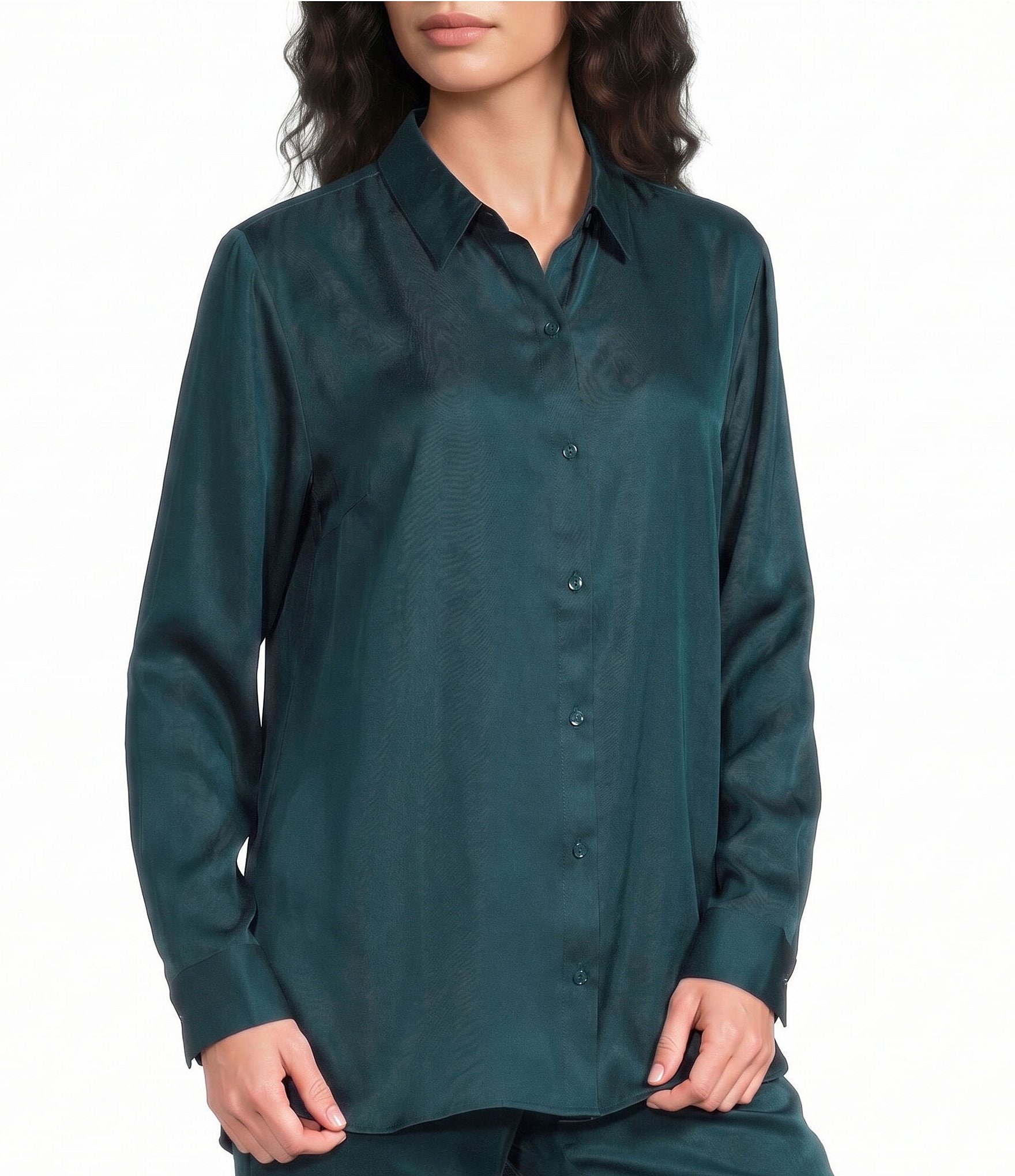 Eileen Fisher Silk Twill Point Collar Long Sleeve Button-Front Shirt