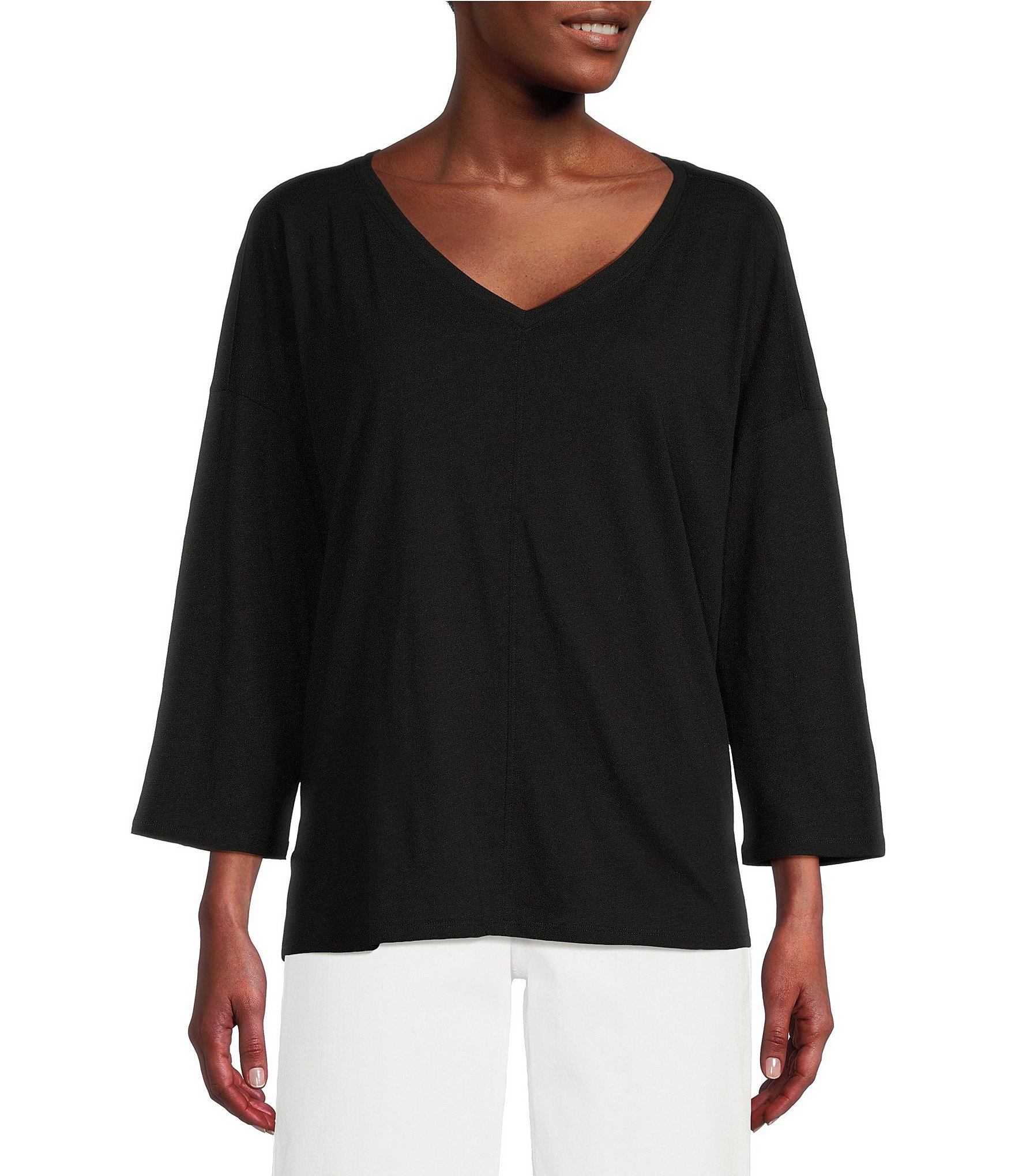 Eileen Fisher Slubby Organic Cotton Jersey V-Neck 3/4 Sleeve Boxy Shirt ...