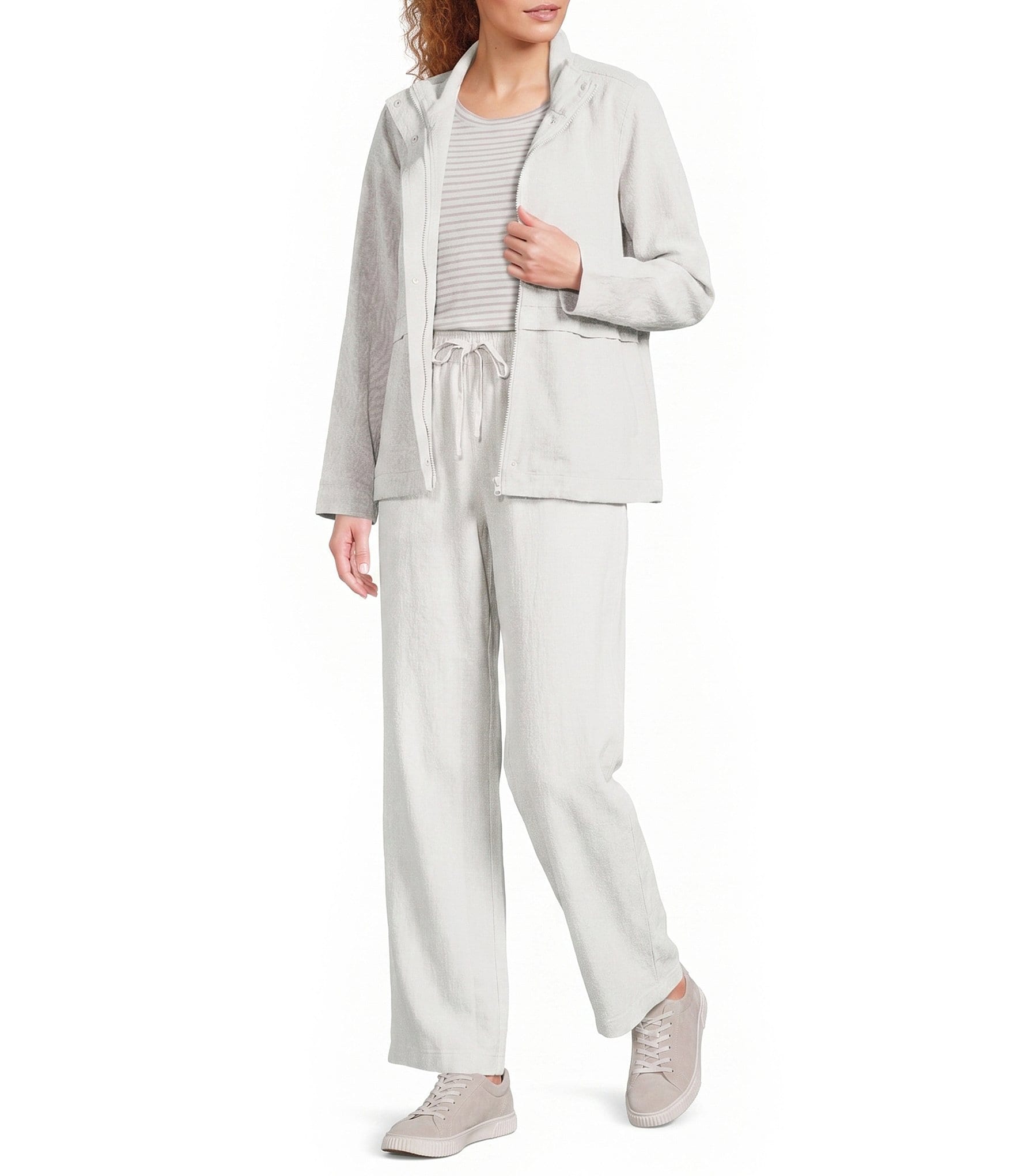 Eileen Fisher Slubby Organic Cotton-Linen High Collar Long Sleeve Zip-Up Jacket
