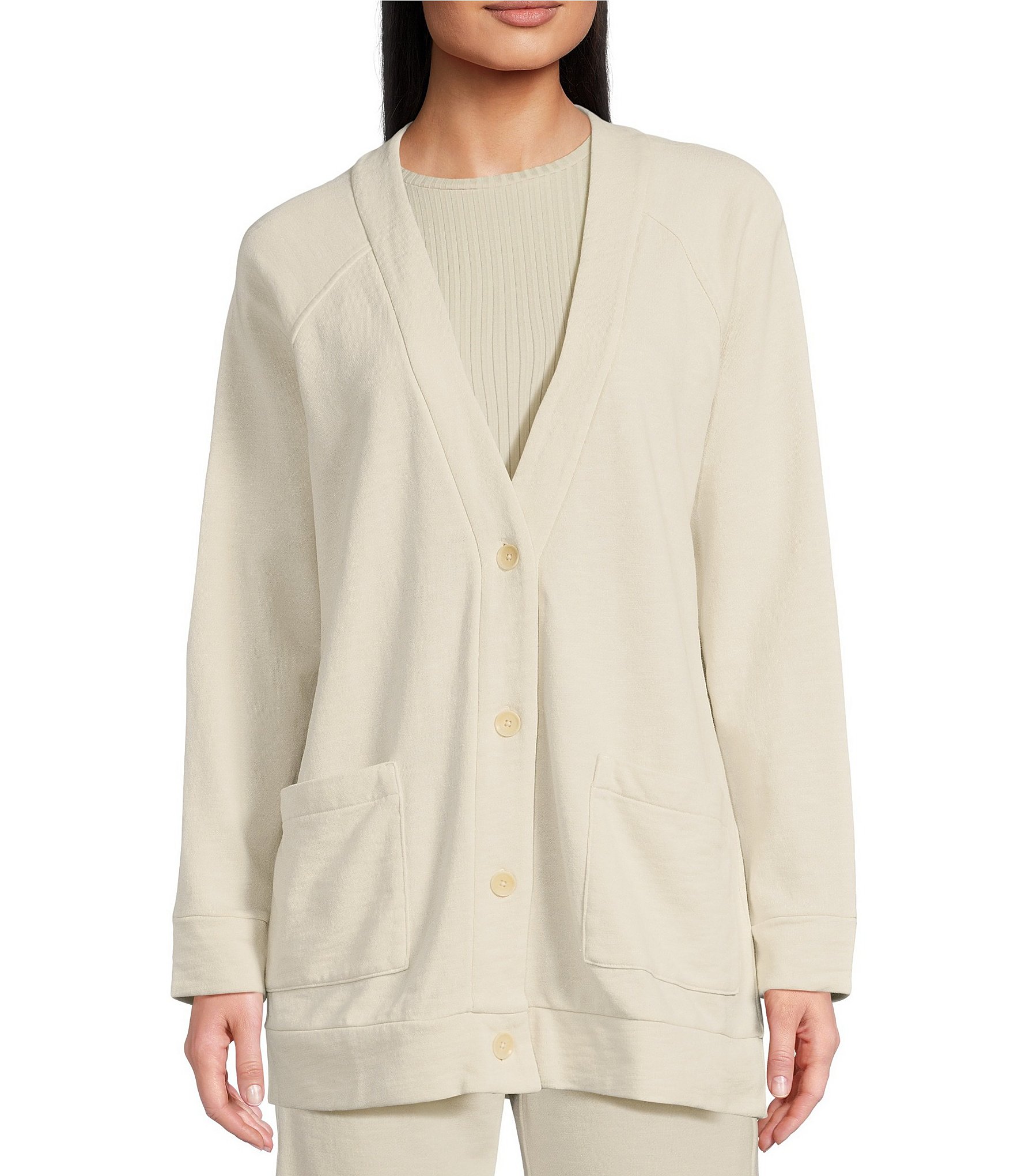 Eileen Fisher Soft Organic Cotton Terry V-Neck Long Sleeve Pocketed Long Cardigan