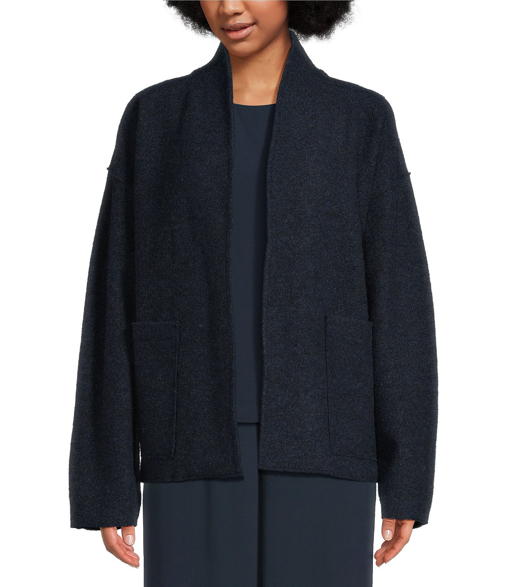 Eileen Fisher Soft Wool Stand Collar Long Sleeve Pocketed Boxy Jacket ...