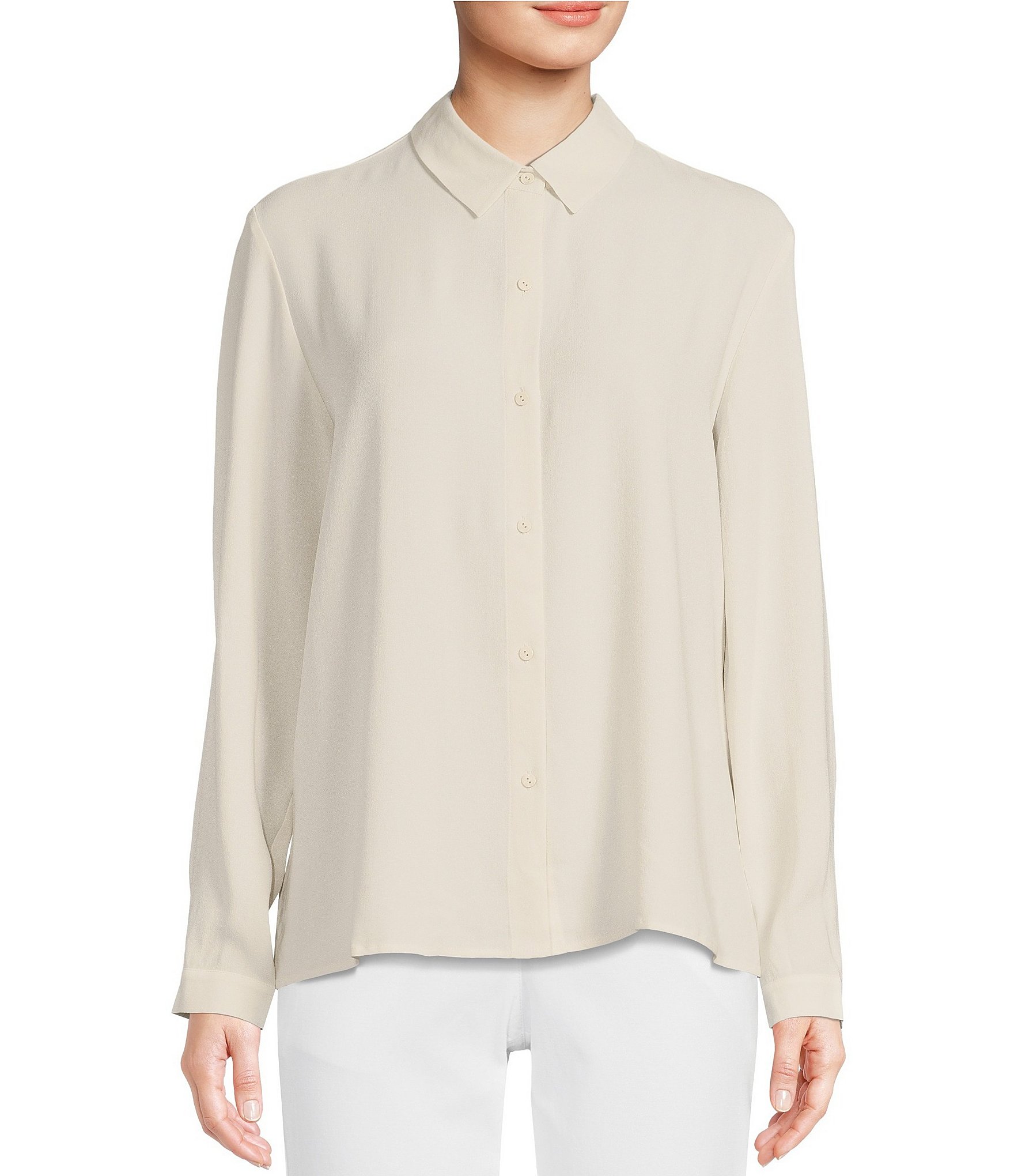 Eileen Fisher Solid Silk Georgette Crepe Point Collar Long Sleeve Shirt ...
