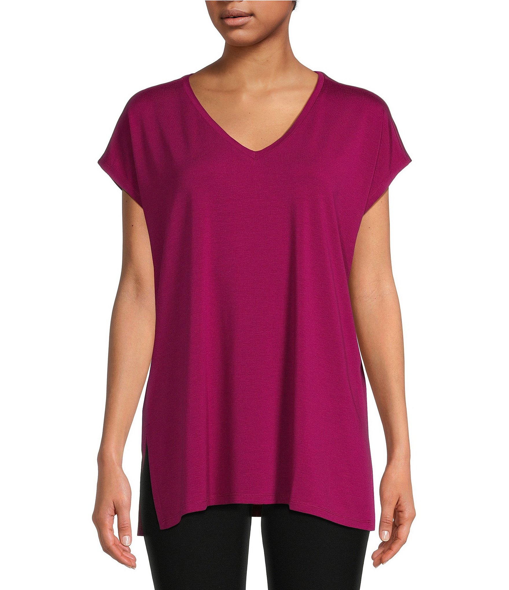 Eileen Fisher Stretch Knit Jersey V-Neck Cap Sleeve Boxy Top | Dillard's