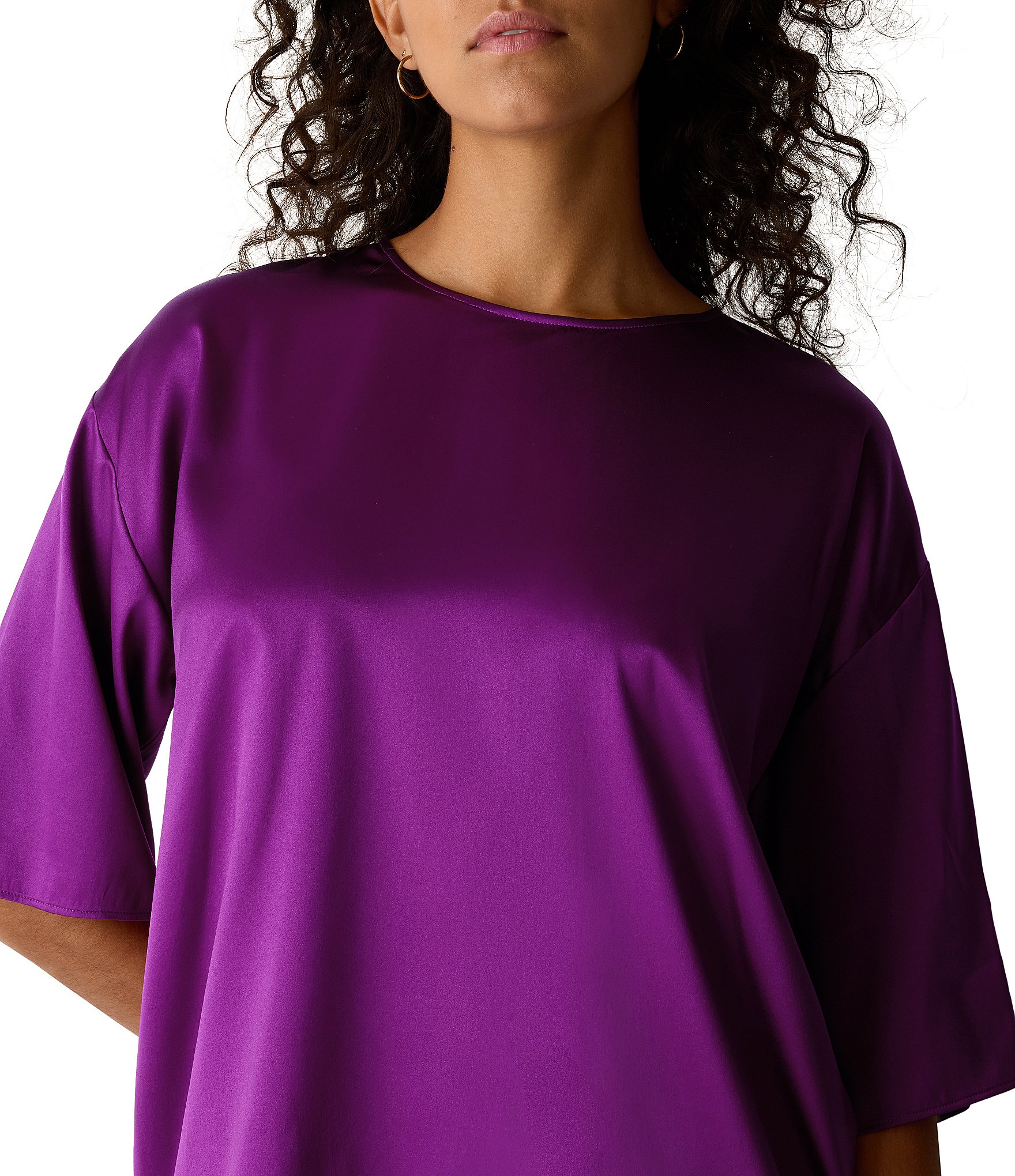 Eileen Fisher Stretch Silk Charmeuse Round Neck Elbow Sleeve Top