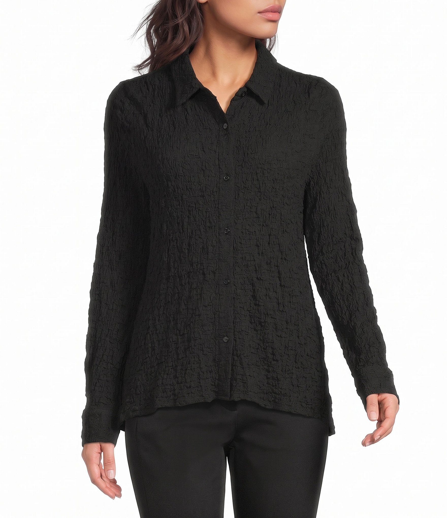 Eileen Fisher Textured Bubble Jacquard Point Collar Long Sleeve Button-Front Shirt