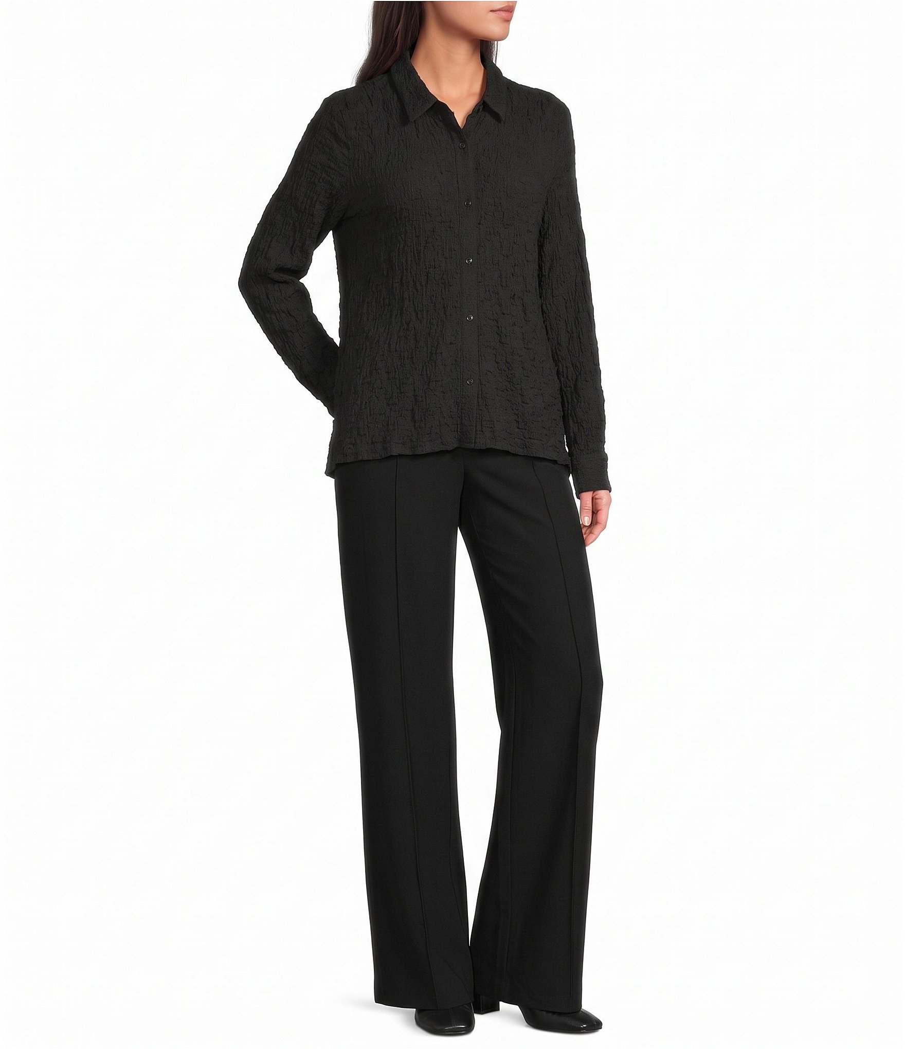 Eileen Fisher Textured Bubble Jacquard Point Collar Long Sleeve Button-Front Shirt
