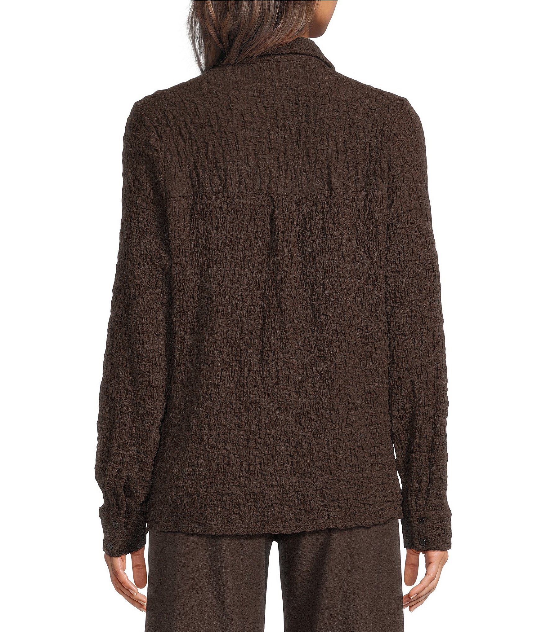 Eileen Fisher Textured Bubble Jacquard Point Collar Long Sleeve Button-Front Shirt