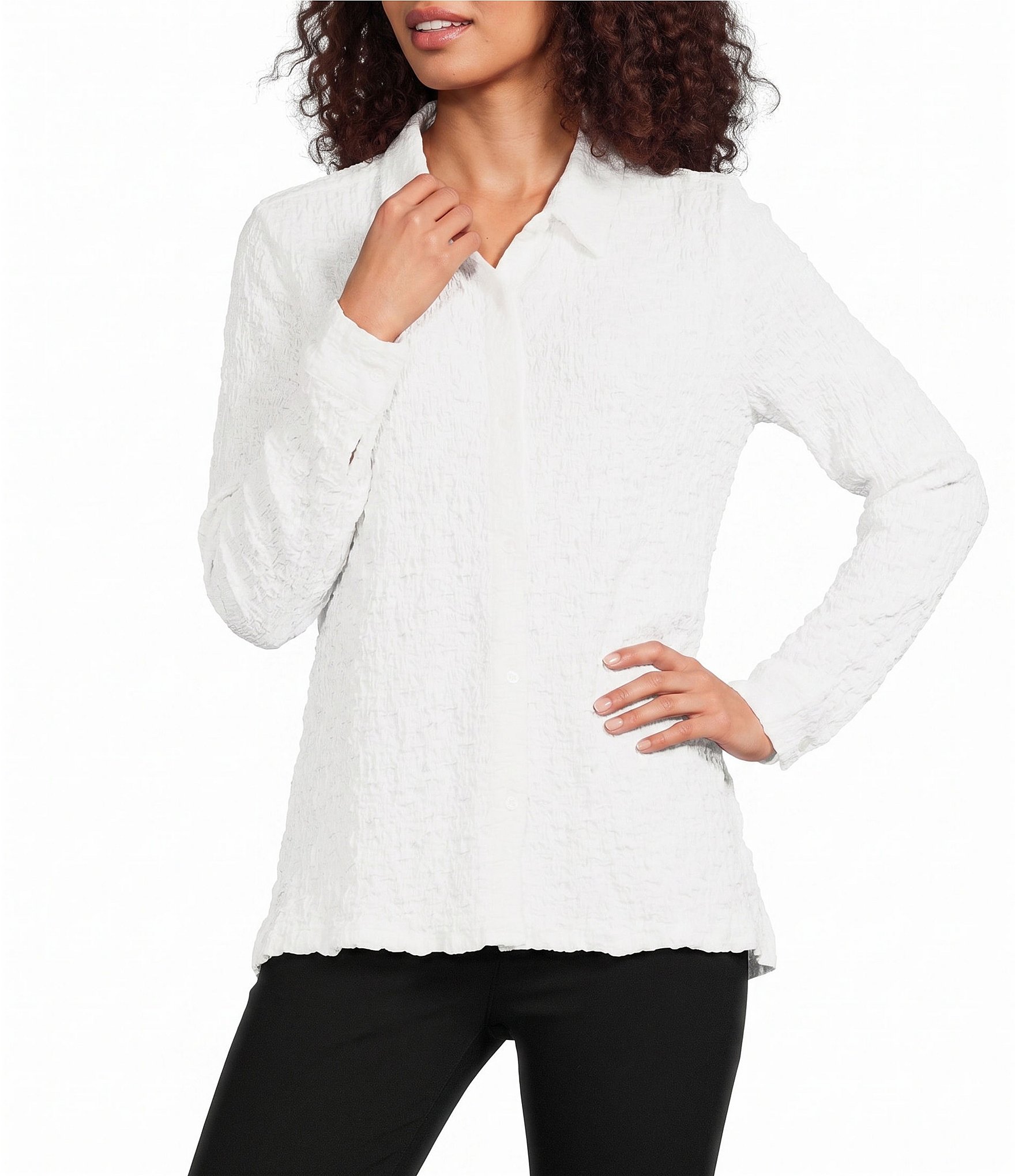 Eileen Fisher Textured Bubble Jacquard Point Collar Long Sleeve Button-Front Shirt