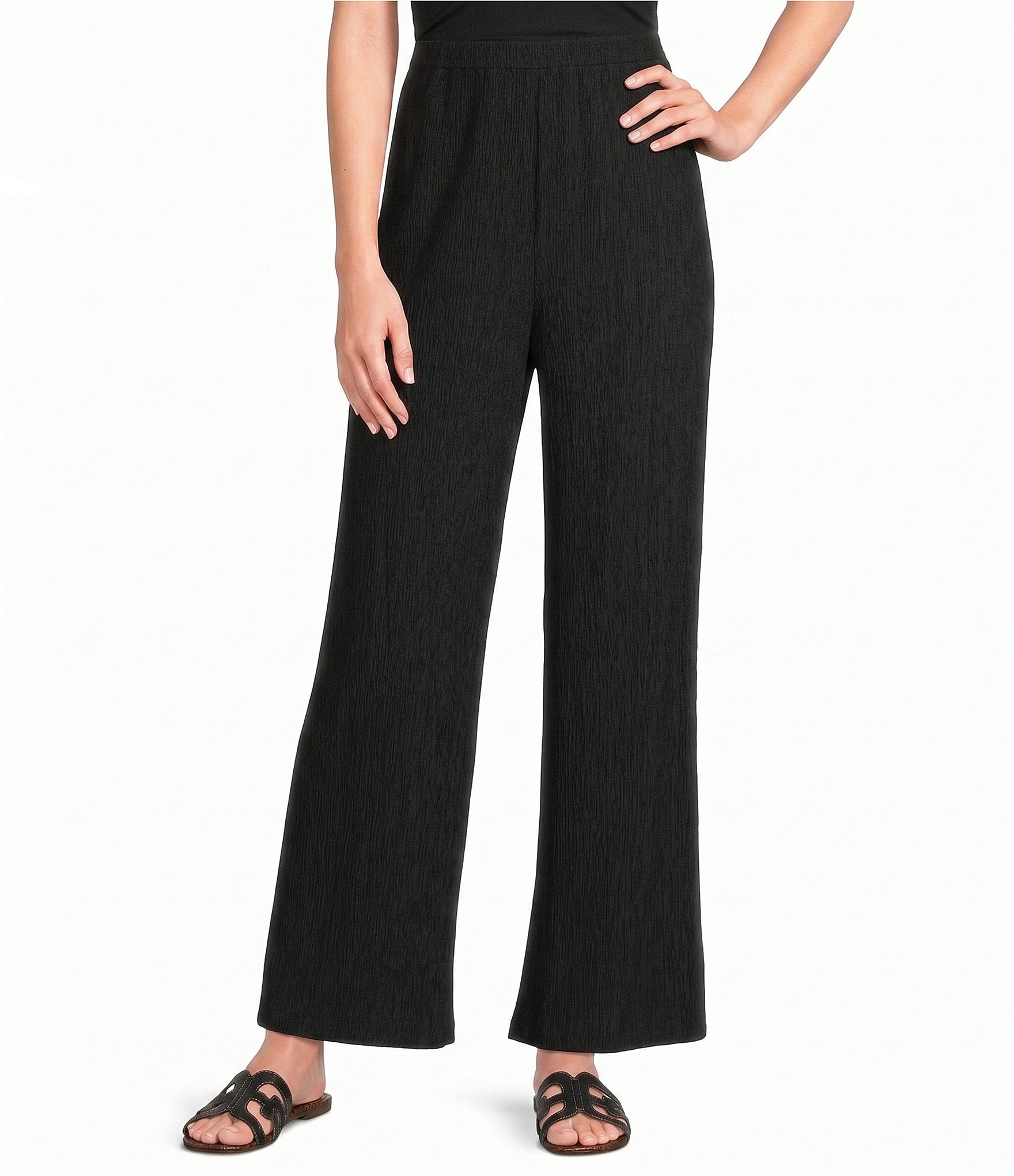 Eileen Fisher Textured Crinkle Woven Plisse Wide-Leg Pull-On Ankle Pants