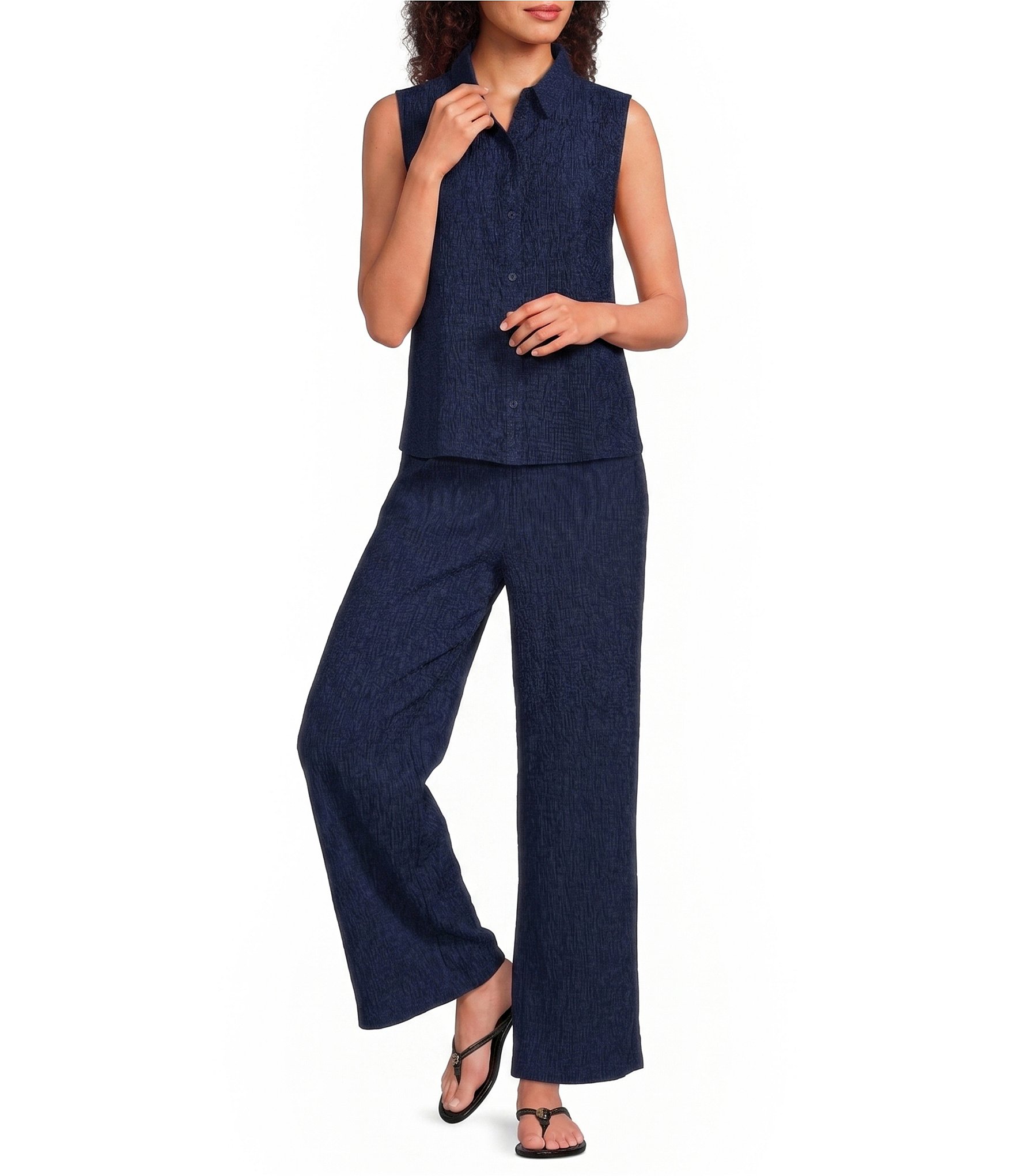 Eileen Fisher Textured Crinkle Woven Plisse Wide-Leg Pull-On Ankle Pants