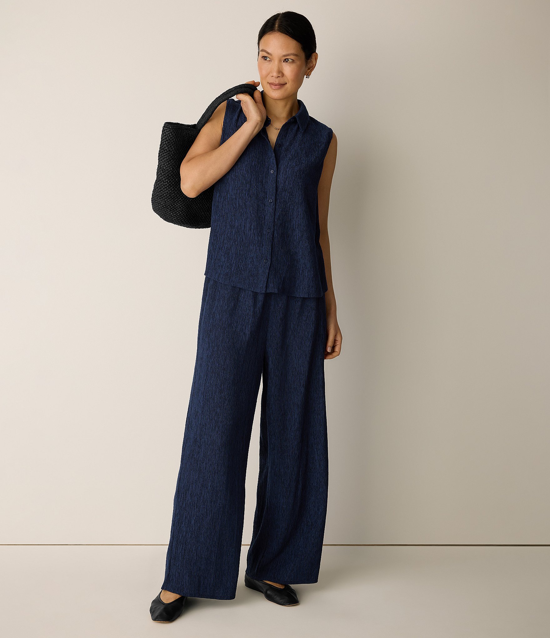 Eileen Fisher Textured Crinkle Woven Plisse Wide-Leg Pull-On Ankle Pants
