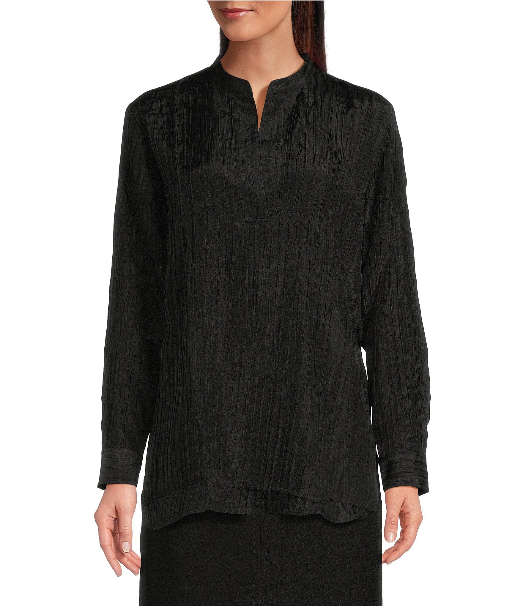 Eileen Fisher Textured Silk Jacquard Mandarin Collar Long Sleeve Top