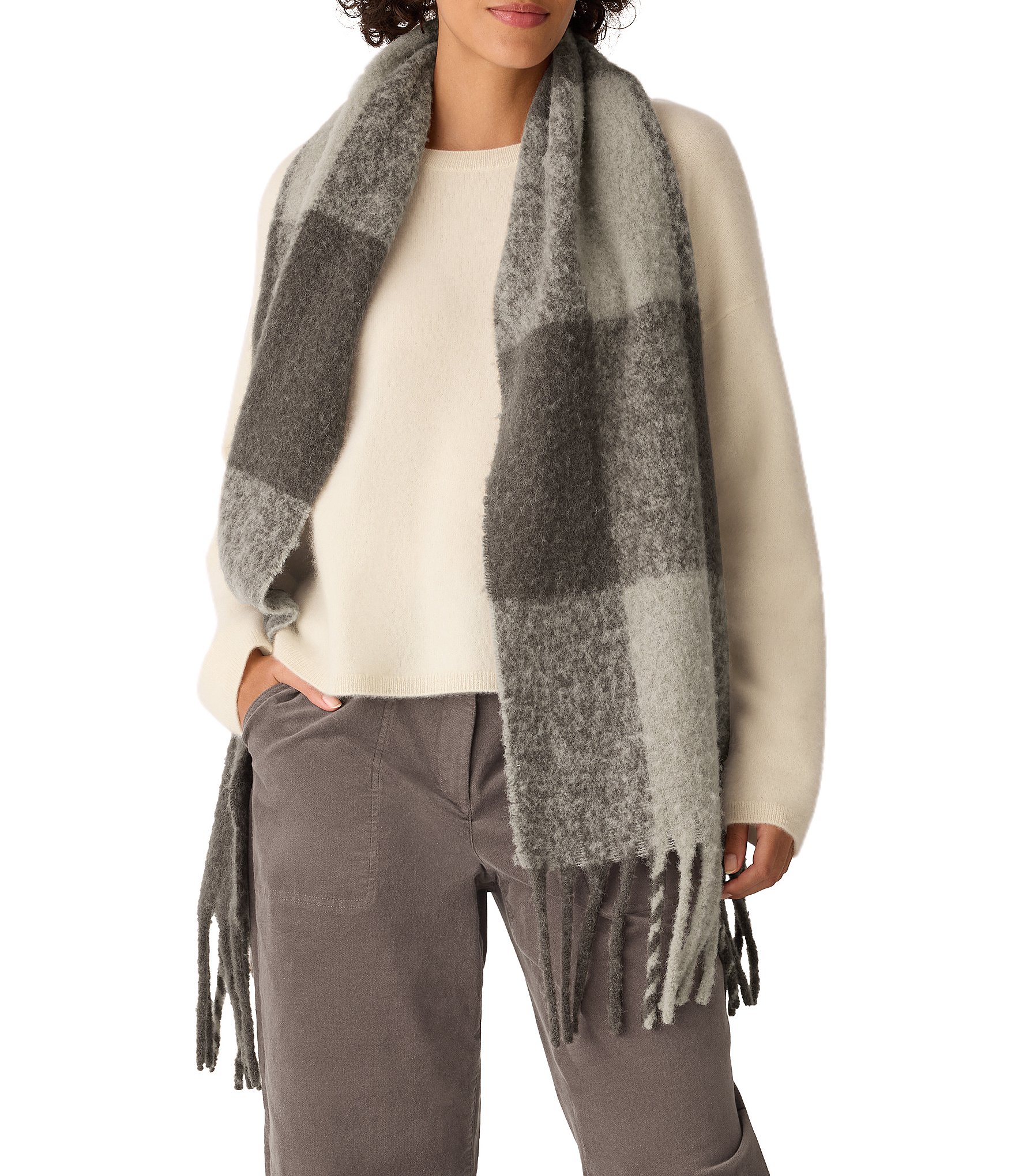 Eileen Fisher Ultrasoft Alpaca Wool Blend Check Pattern Fringe Scarf