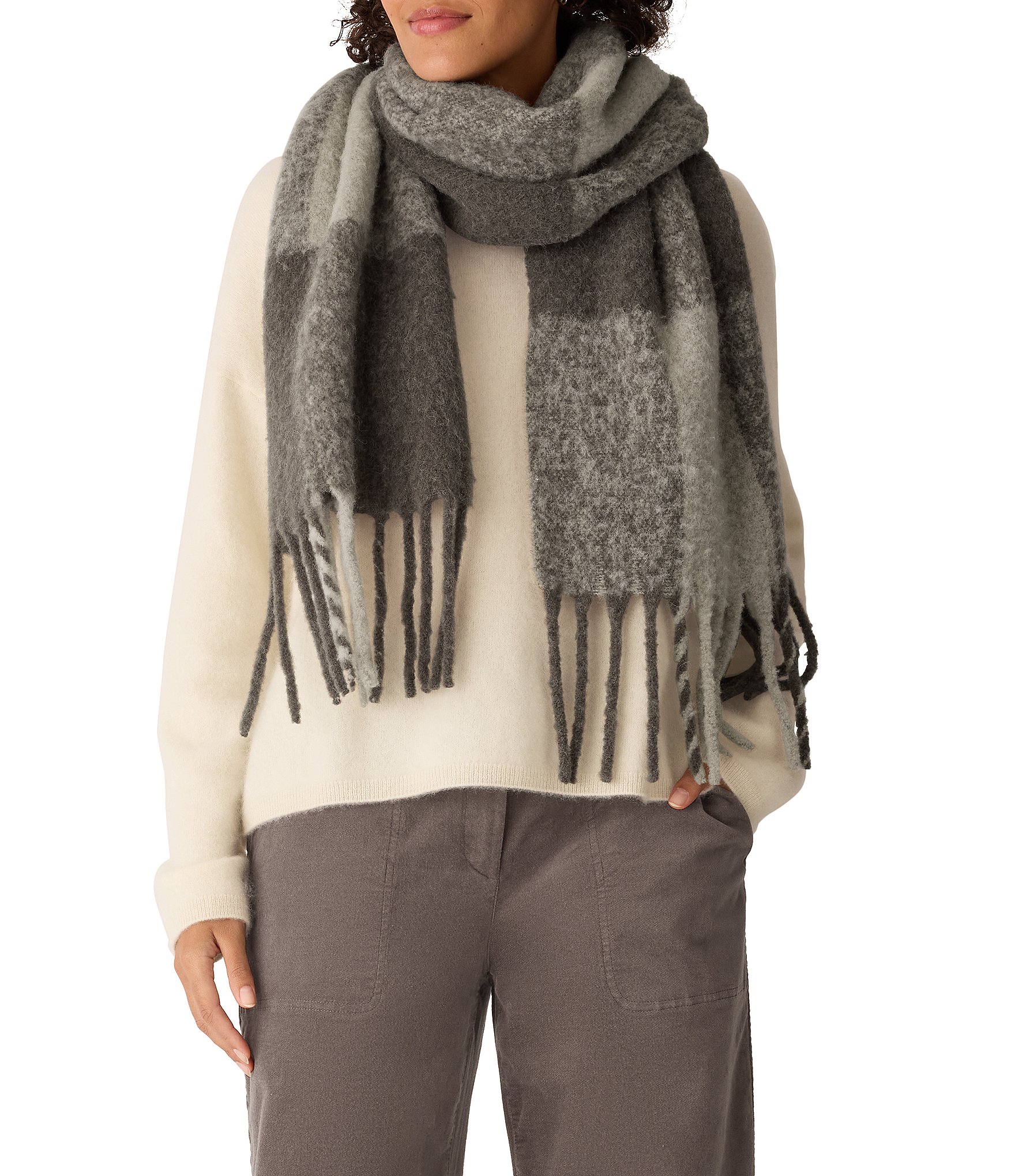 Eileen Fisher Ultrasoft Alpaca Wool Blend Check Pattern Fringe Scarf
