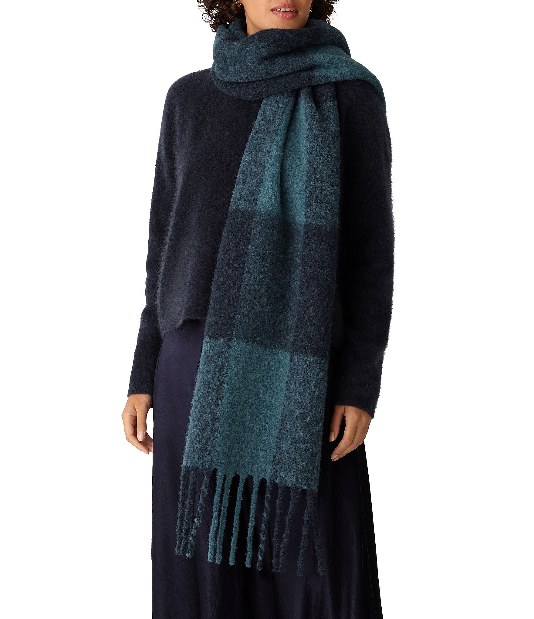 Eileen Fisher Ultrasoft Alpaca Wool Blend Check Pattern Fringe Scarf