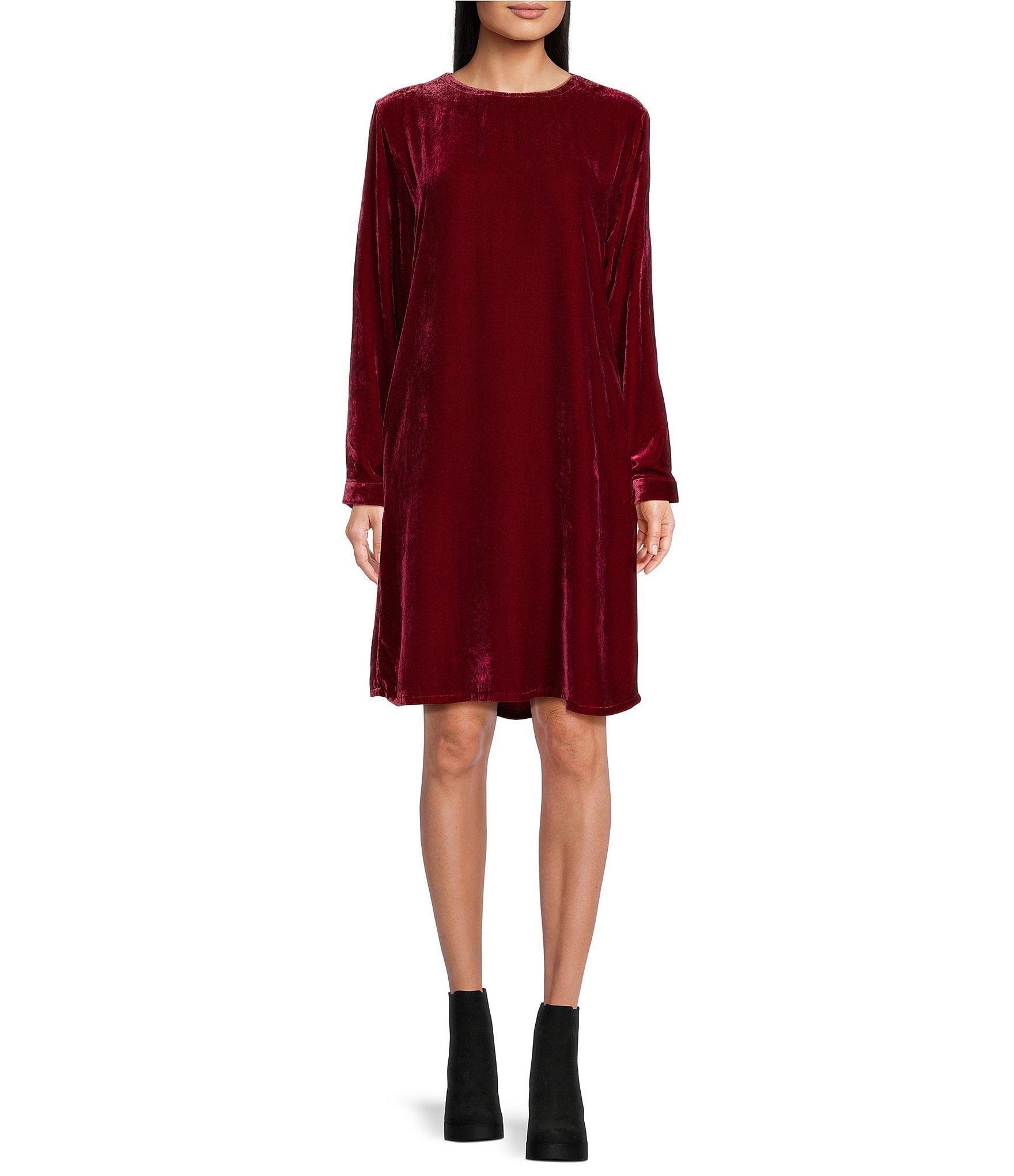 Eileen Fisher Velvet Silk Crew Neck Long Sleeve Shift Dress | Dillard's
