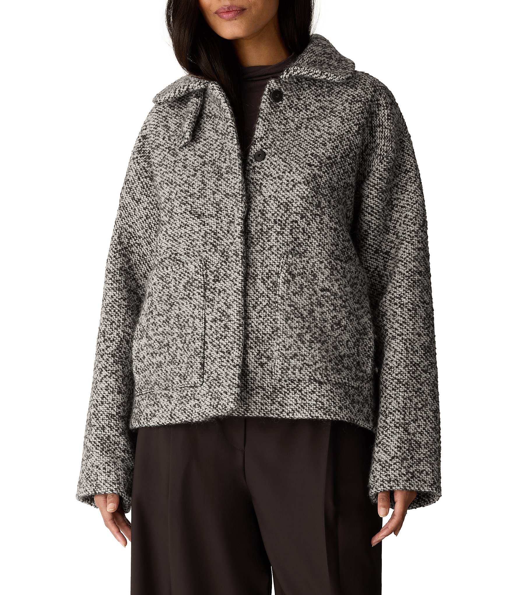 Eileen Fisher Wool-Blend Tweed Collared Long Sleeve Button-Front Boxy Jacket