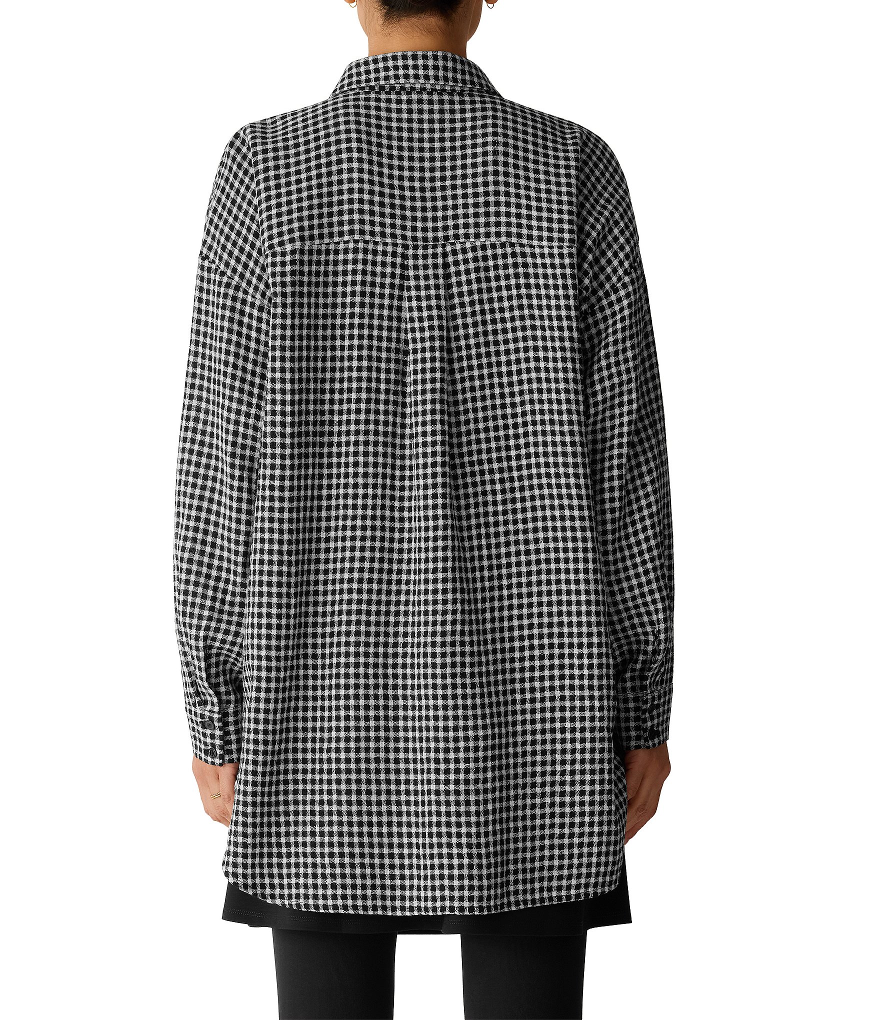 Eileen Fisher Wool Cotton Check Woven Point Collar Long Sleeve Button-Front Shirt