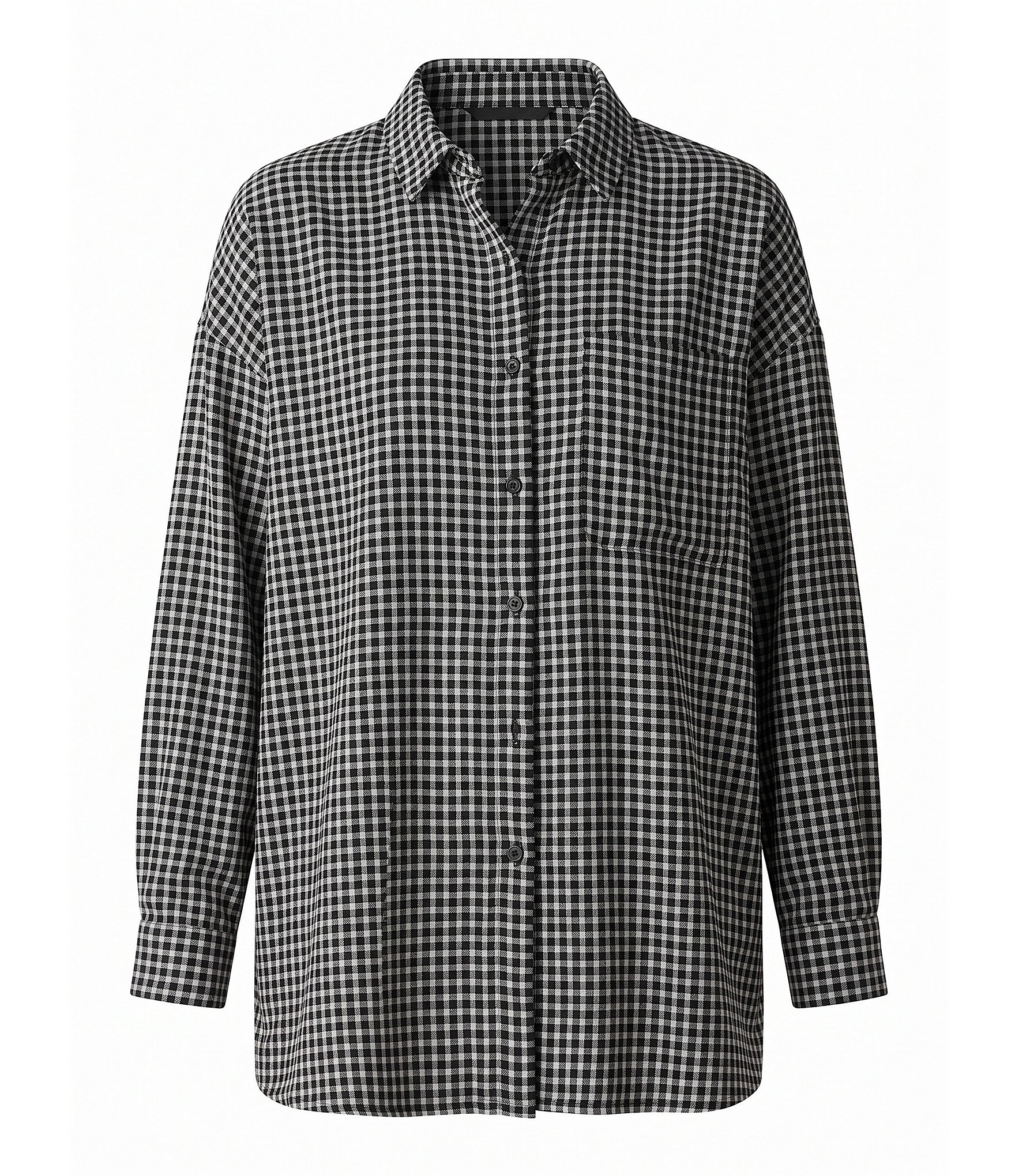 Eileen Fisher Wool Cotton Check Woven Point Collar Long Sleeve Button-Front Shirt