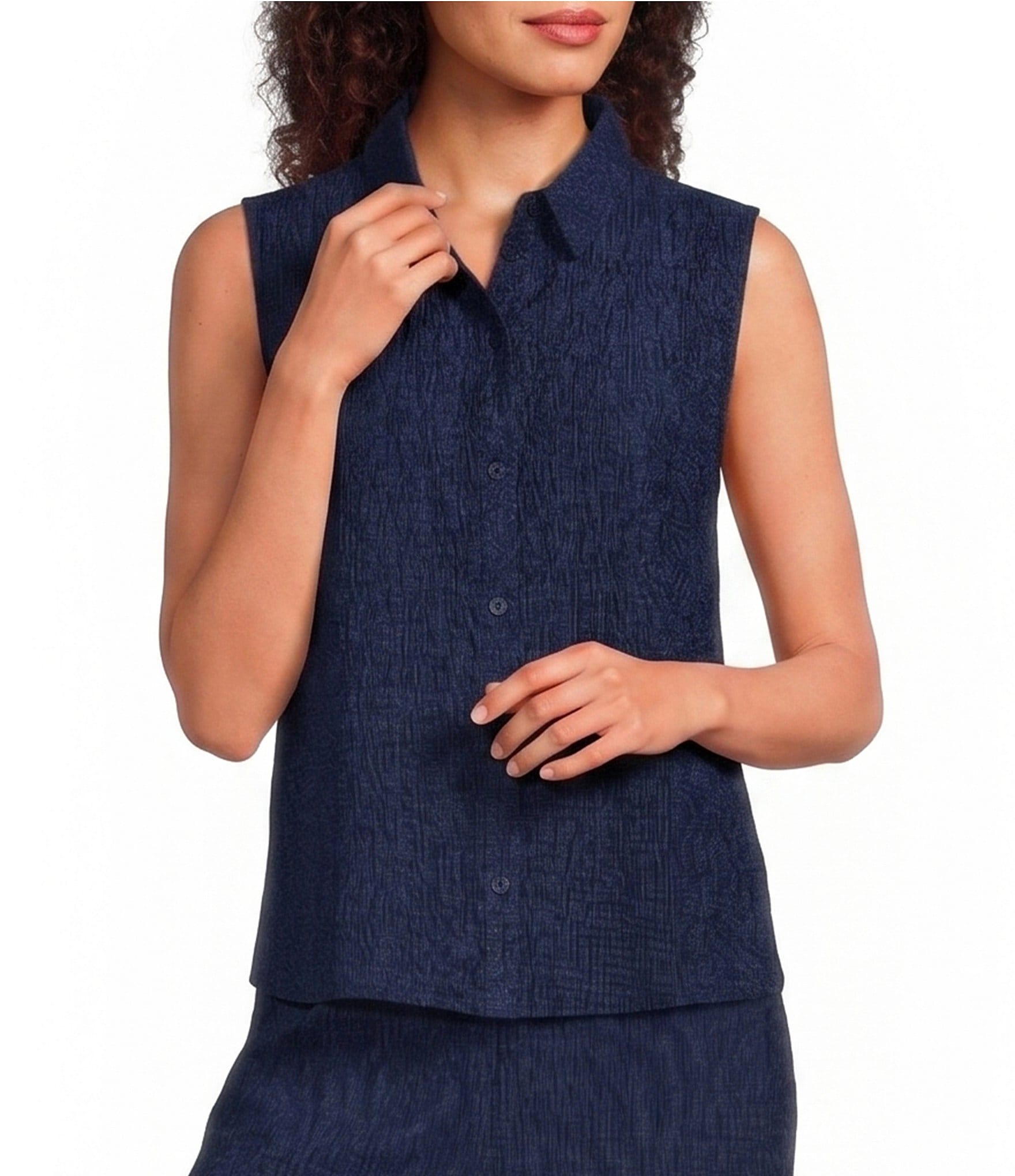 Eileen Fisher Woven Plisse Point Collar Sleeveless Button-Front Coordinating Blouse