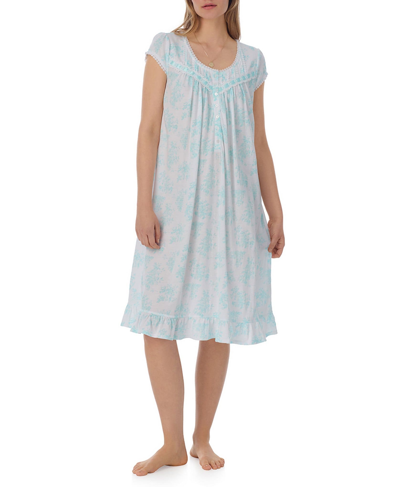 Eileen West Aqua Floral Cap Sleeve Round Neck Knit Waltz Nightgown