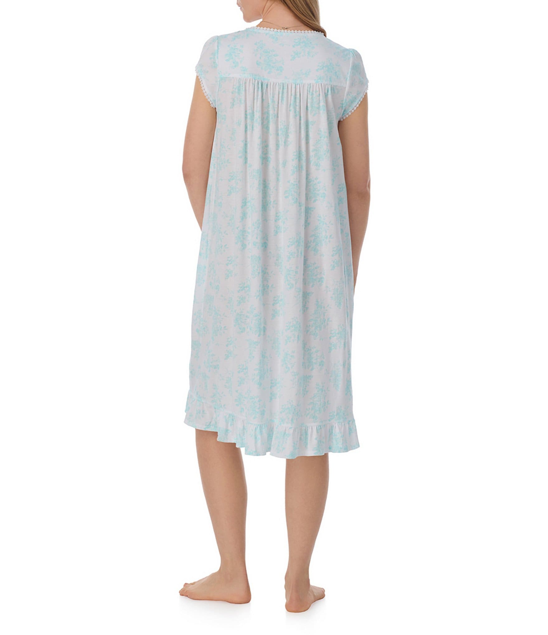 Eileen West Aqua Floral Cap Sleeve Round Neck Knit Waltz Nightgown