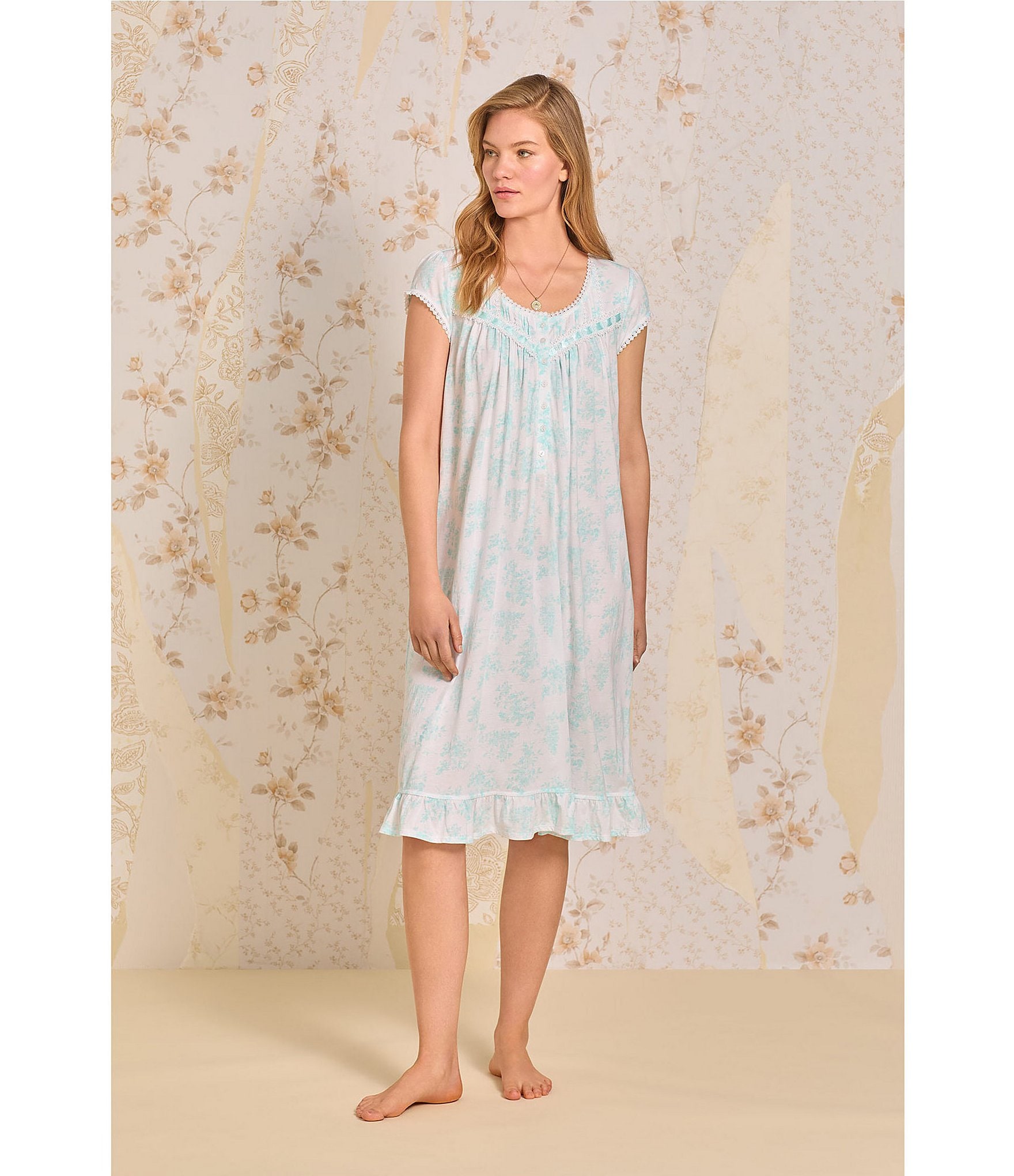 Eileen West Aqua Floral Cap Sleeve Round Neck Knit Waltz Nightgown