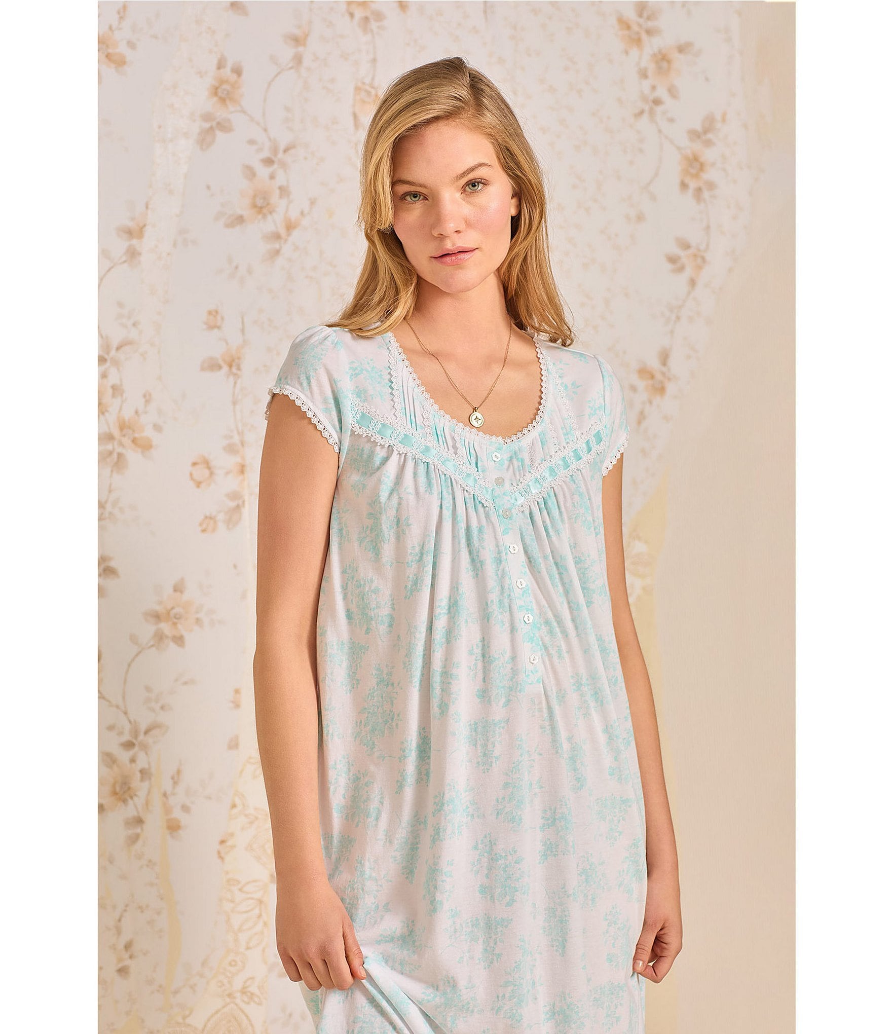 Eileen West Aqua Floral Cap Sleeve Round Neck Knit Waltz Nightgown