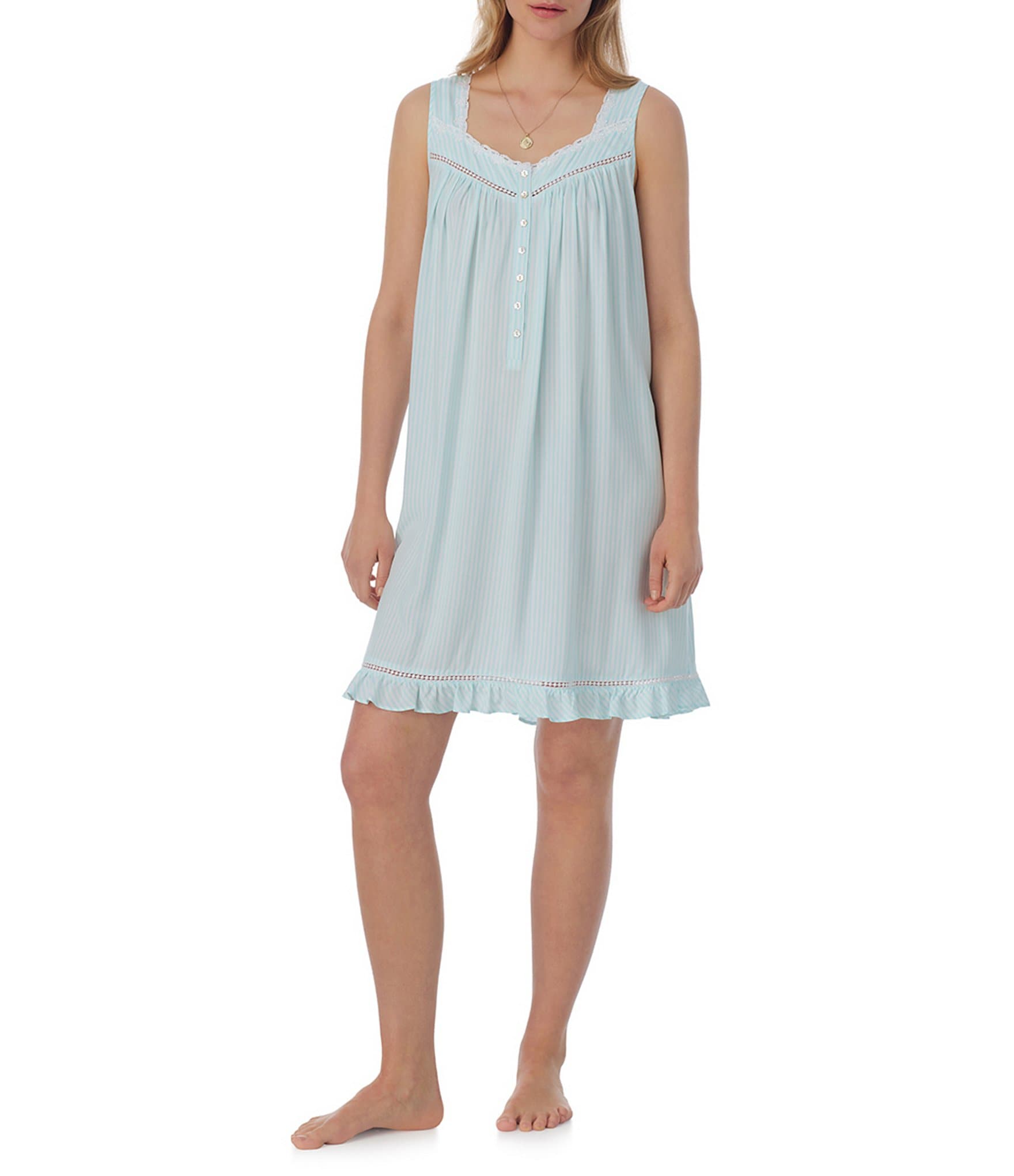 Eileen West Aqua Stripe Sleeveless Sweetheart Neck Short Chemise