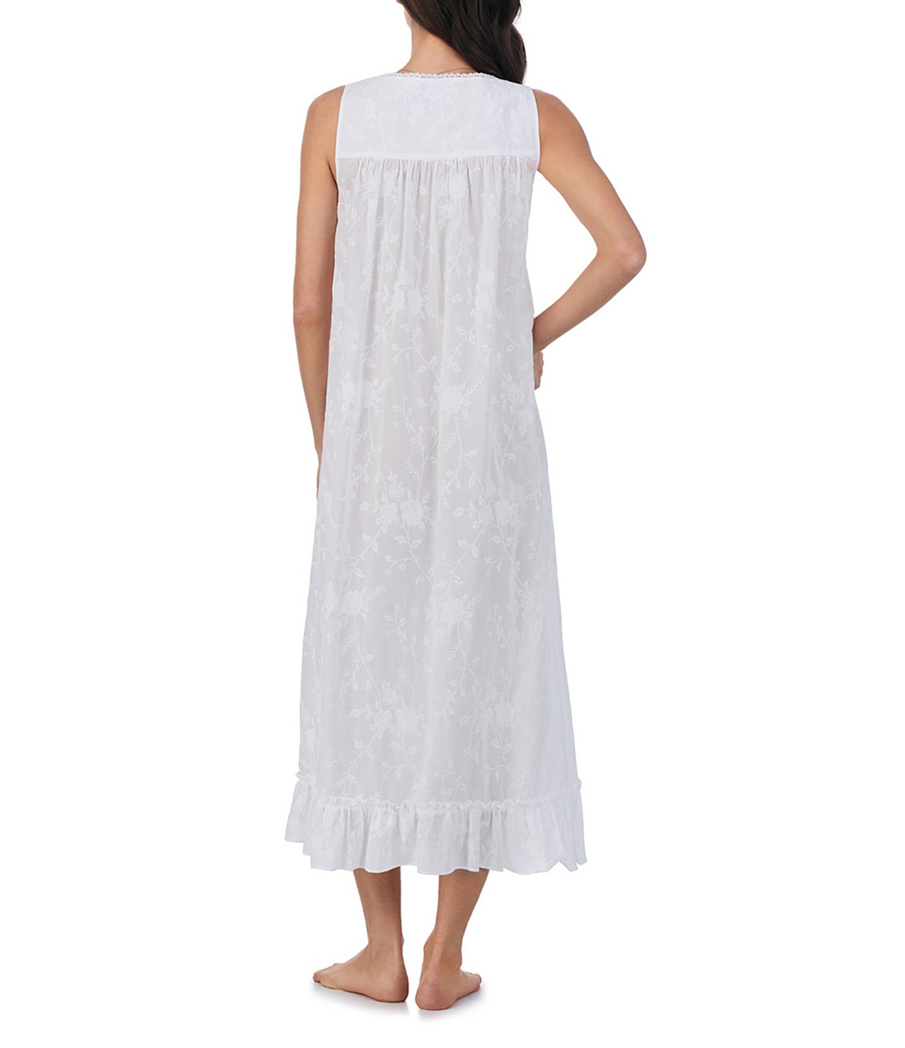 Eileen West Floral Embroidered Sleeveless Sweetheart Neck Woven Cotton Ballet Nightgown