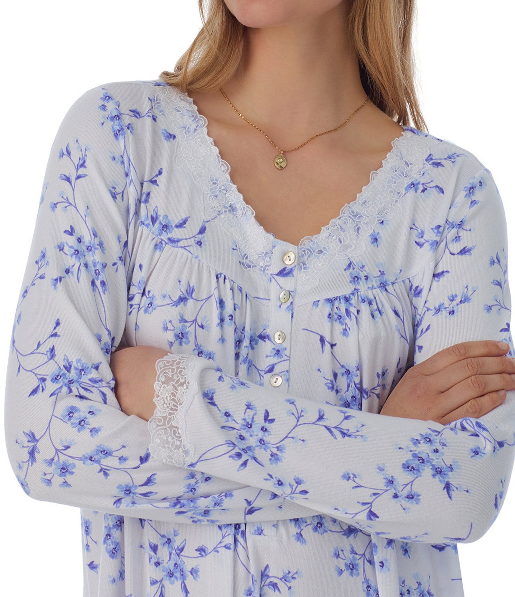 Eileen West Floral Print Sweater Knit Long Sleeve V-Neck Nightgown