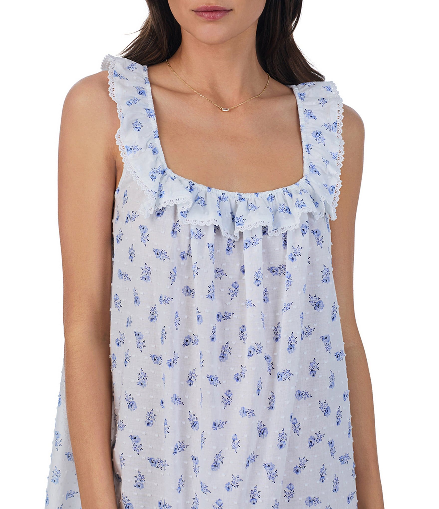 Eileen West Floral Print Swiss Dot Sleeveless Lace Ruffle Trim Square Neck Short Woven Chemise