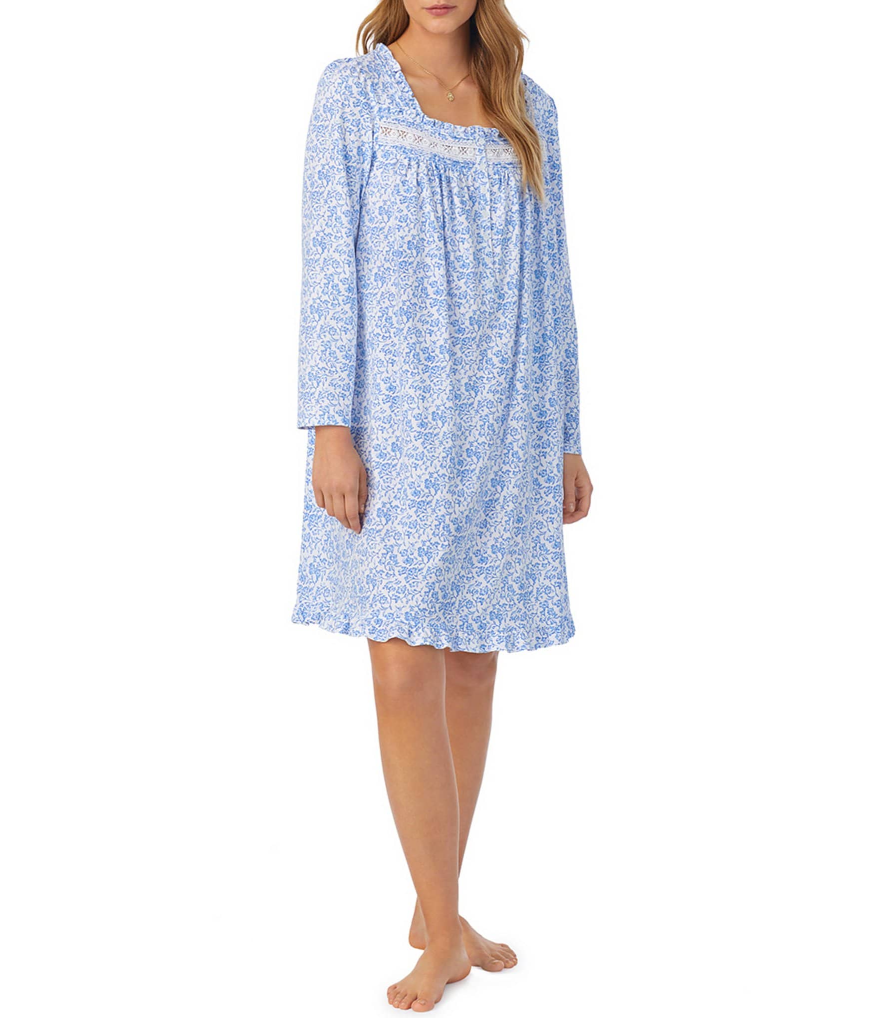 Eileen West Long Sleeve Square Neck Cotton Knit Floral Print Nightgown ...