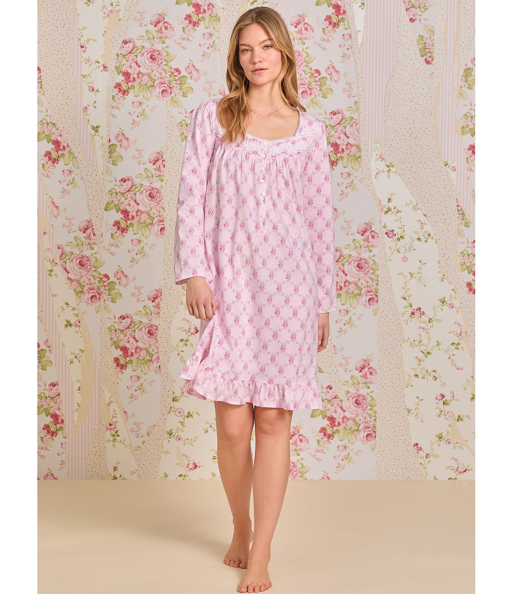 Eileen West Long Sleeve Sweetheart Neck Cotton Jersey Diamond Rose Short Nightgown