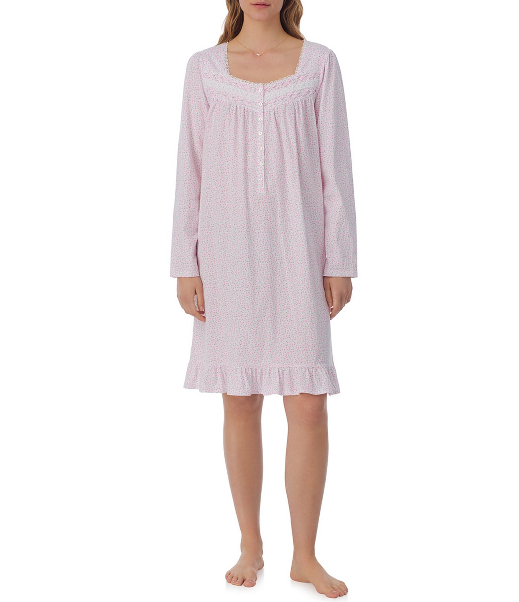 Eileen West Long Sleeve Sweetheart Neck Cotton Jersey Ditsy Floral Short Nightgown