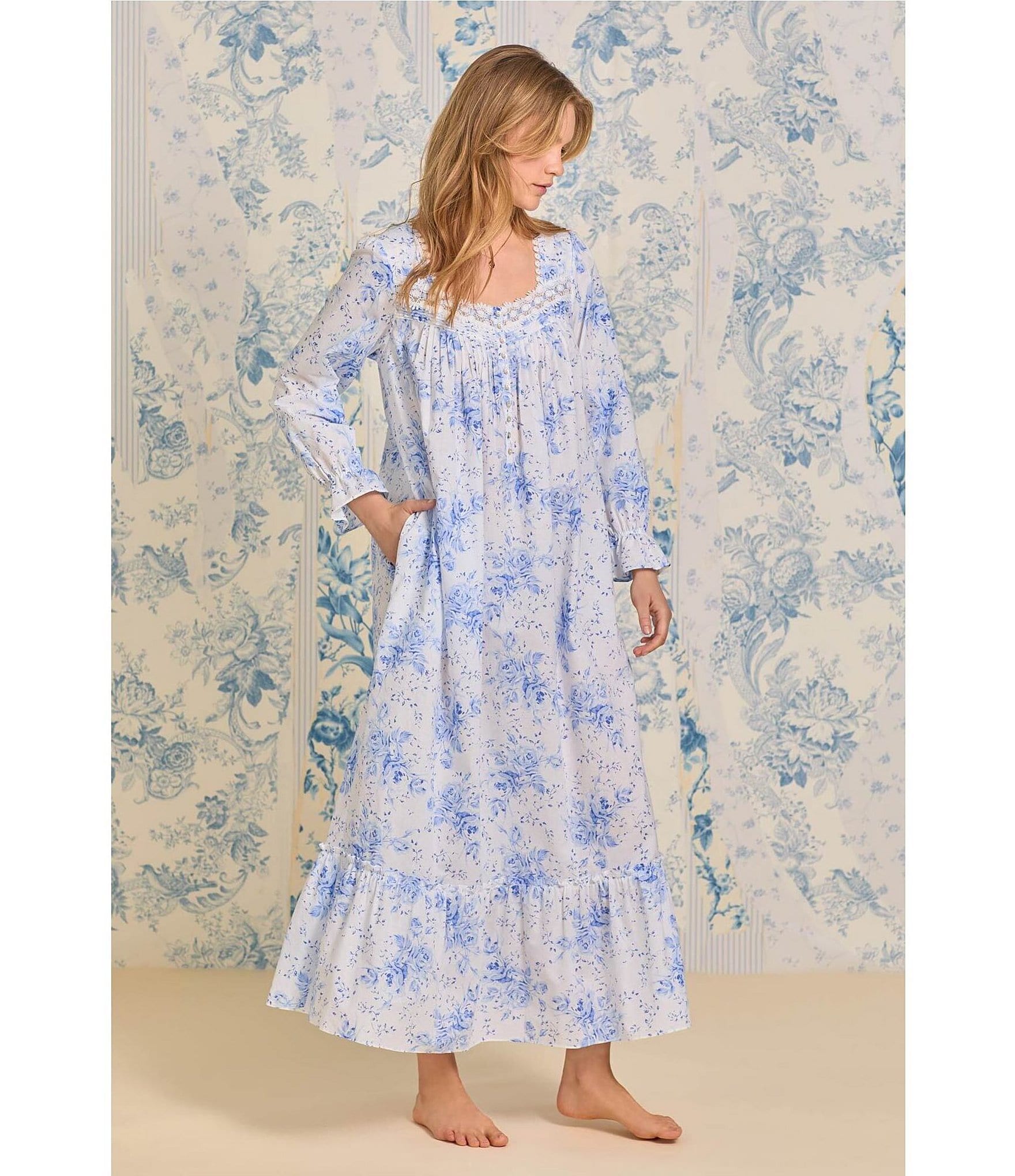 Eileen West Long Sleeve Sweetheart Neck Woven Floral Ballet Nightgown