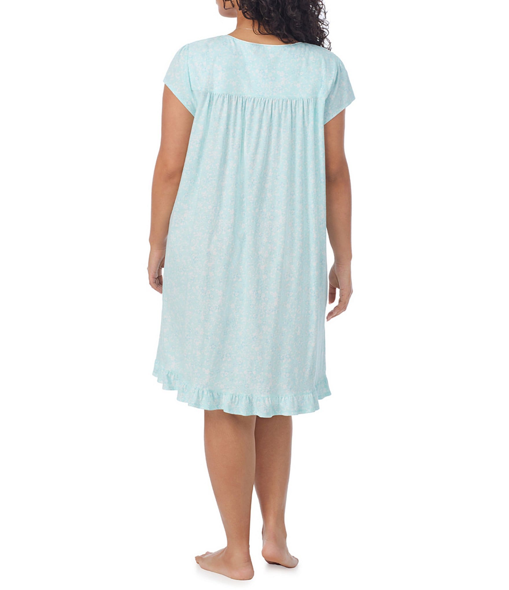 Eileen West Plus Size Aqua Floral Cap Sleeve Cotton Knit Short Nightgown