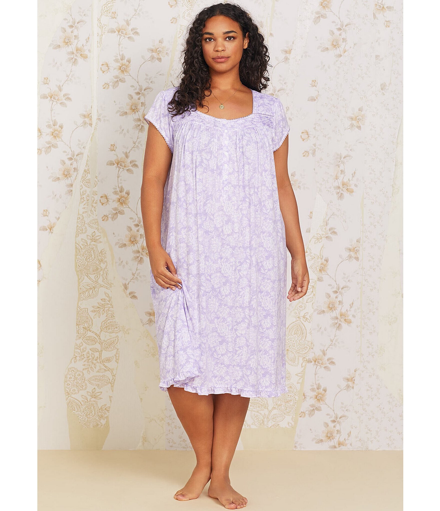 Eileen West Plus Size Floral Modal Jersey Cap Sleeve Sweetheart Neck Waltz Nightgown