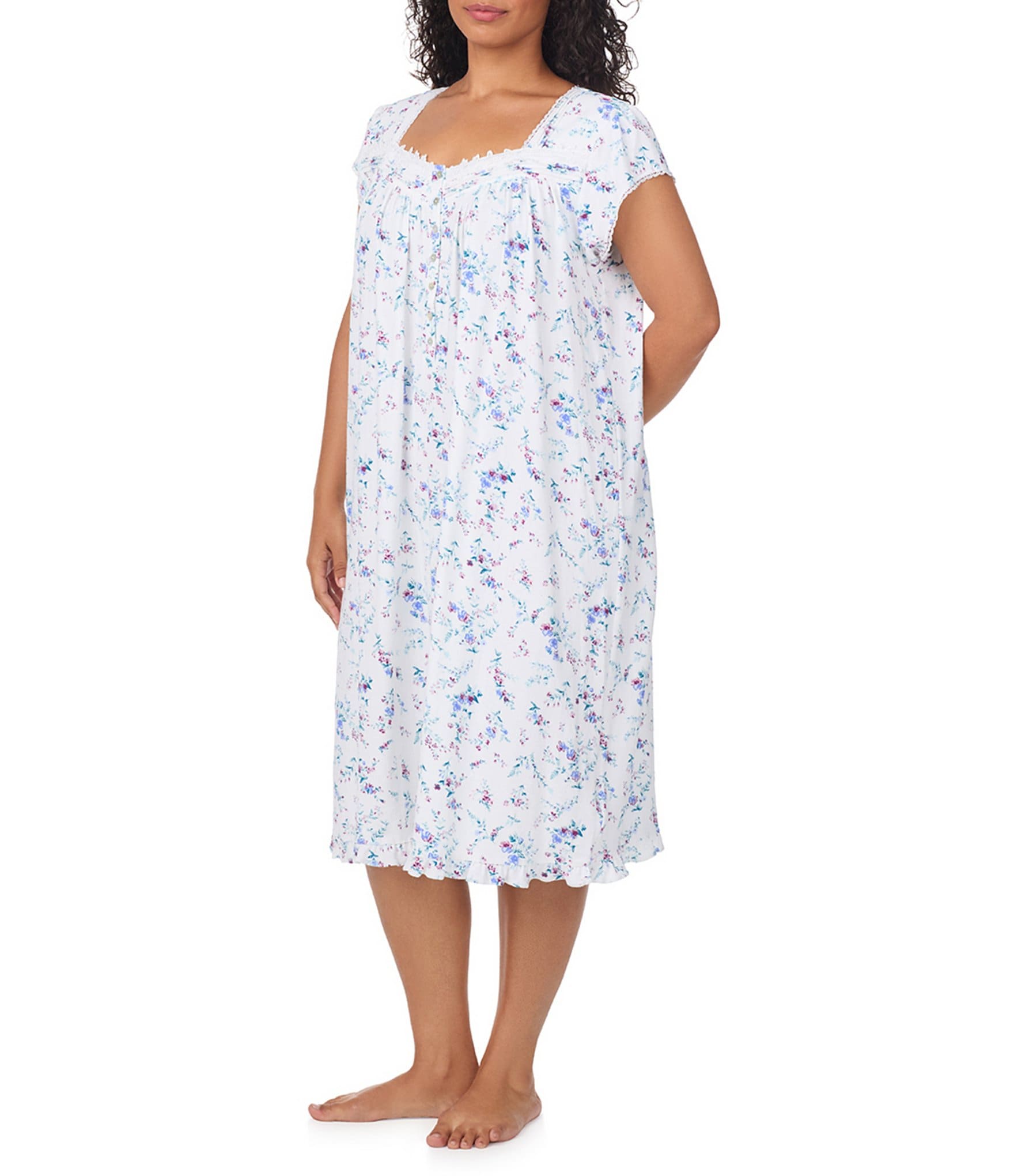 Eileen West Plus Size Floral Print Cap Sleeve Sweetheart Neck Pointelle Knit Waltz Nightgown