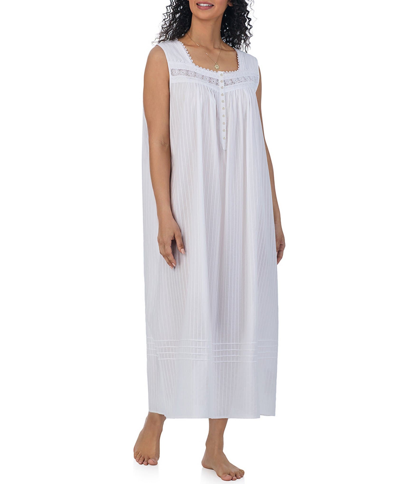 Eileen West Plus Size Striped Sleeveless Square Neck Woven Cotton Ballet Nightgown