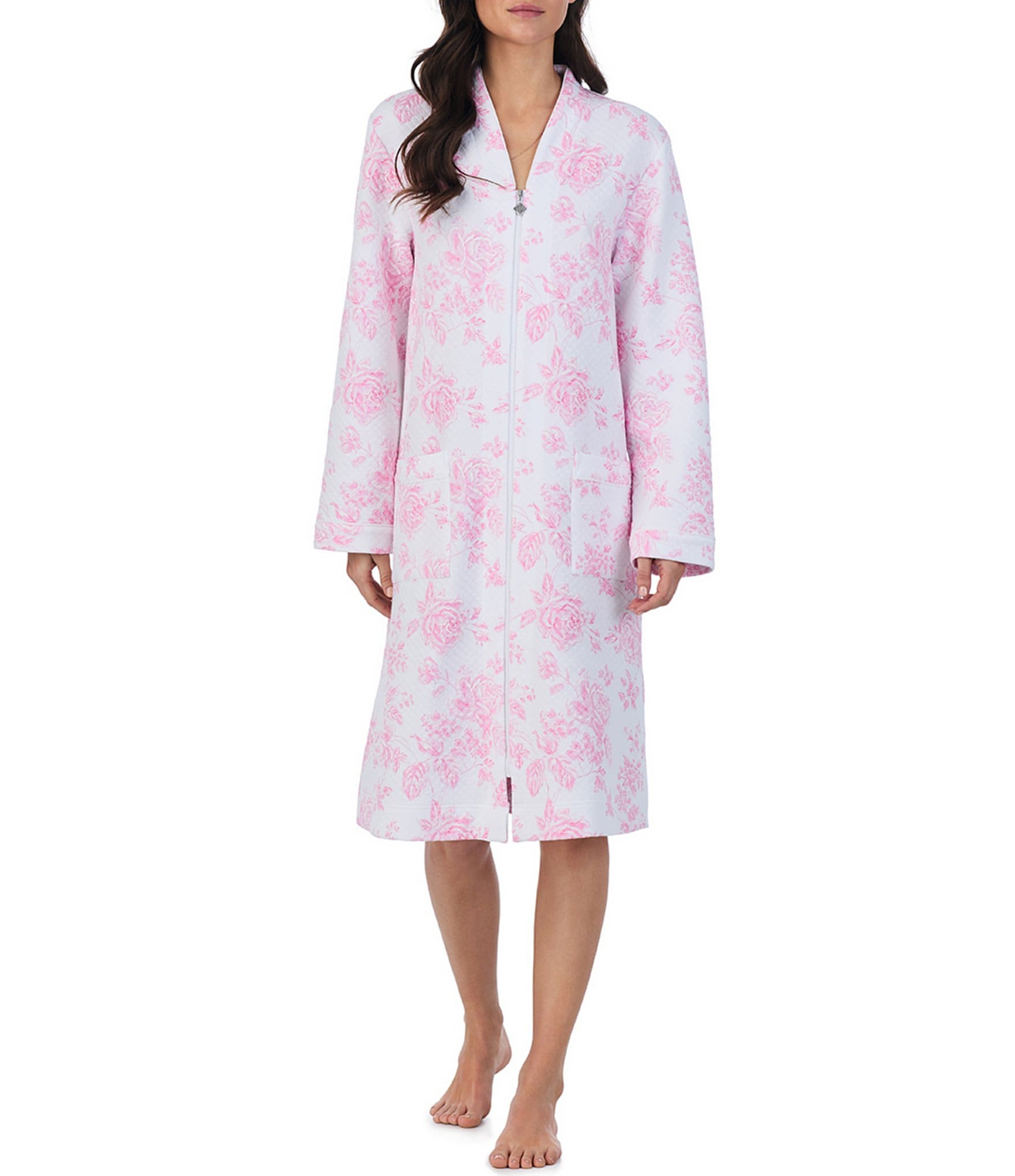 Eileen West Rose Print Diamond Quilted Long Sleeve Zip-Front Waltz Robe