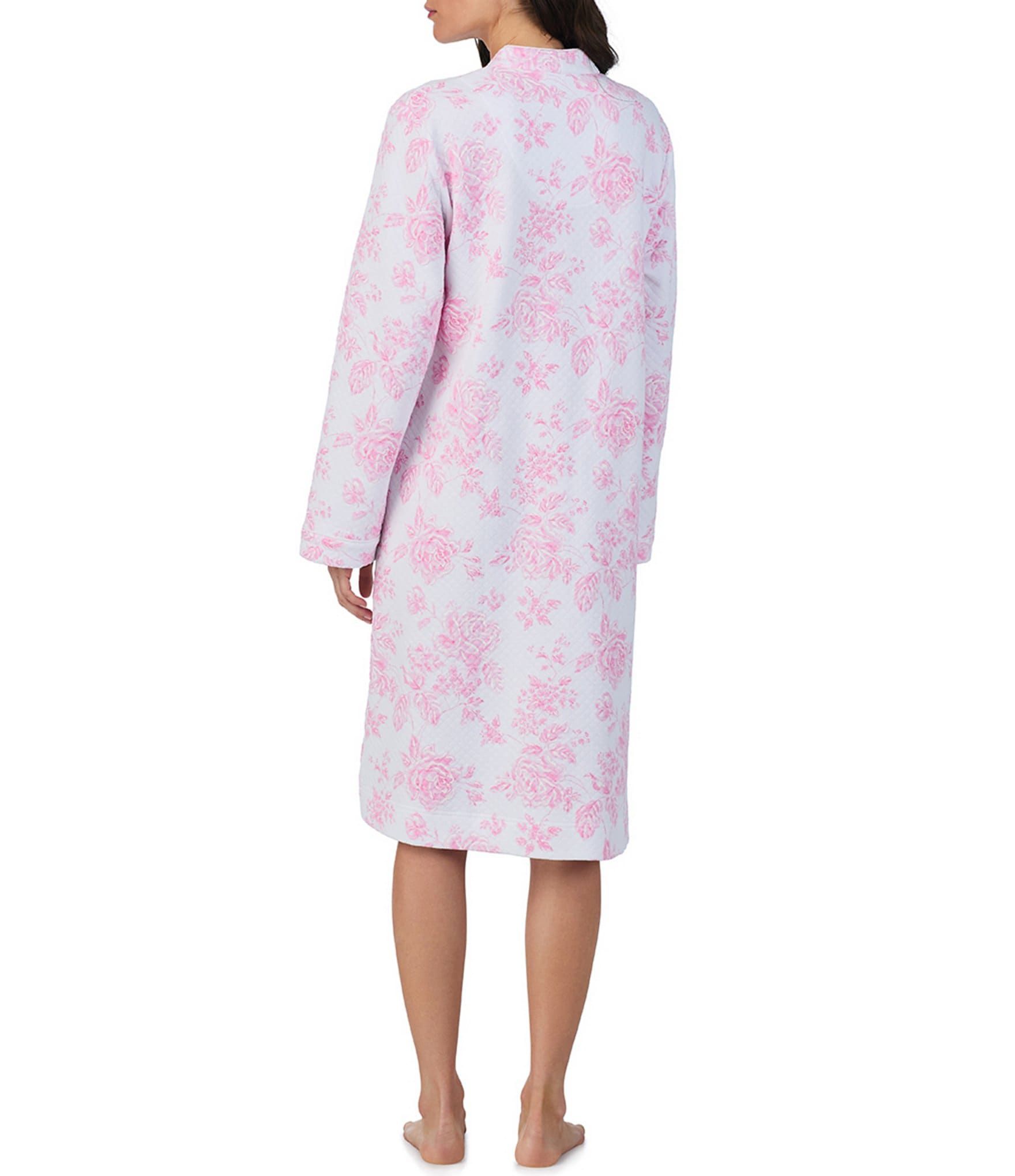 Eileen West Rose Print Diamond Quilted Long Sleeve Zip-Front Waltz Robe