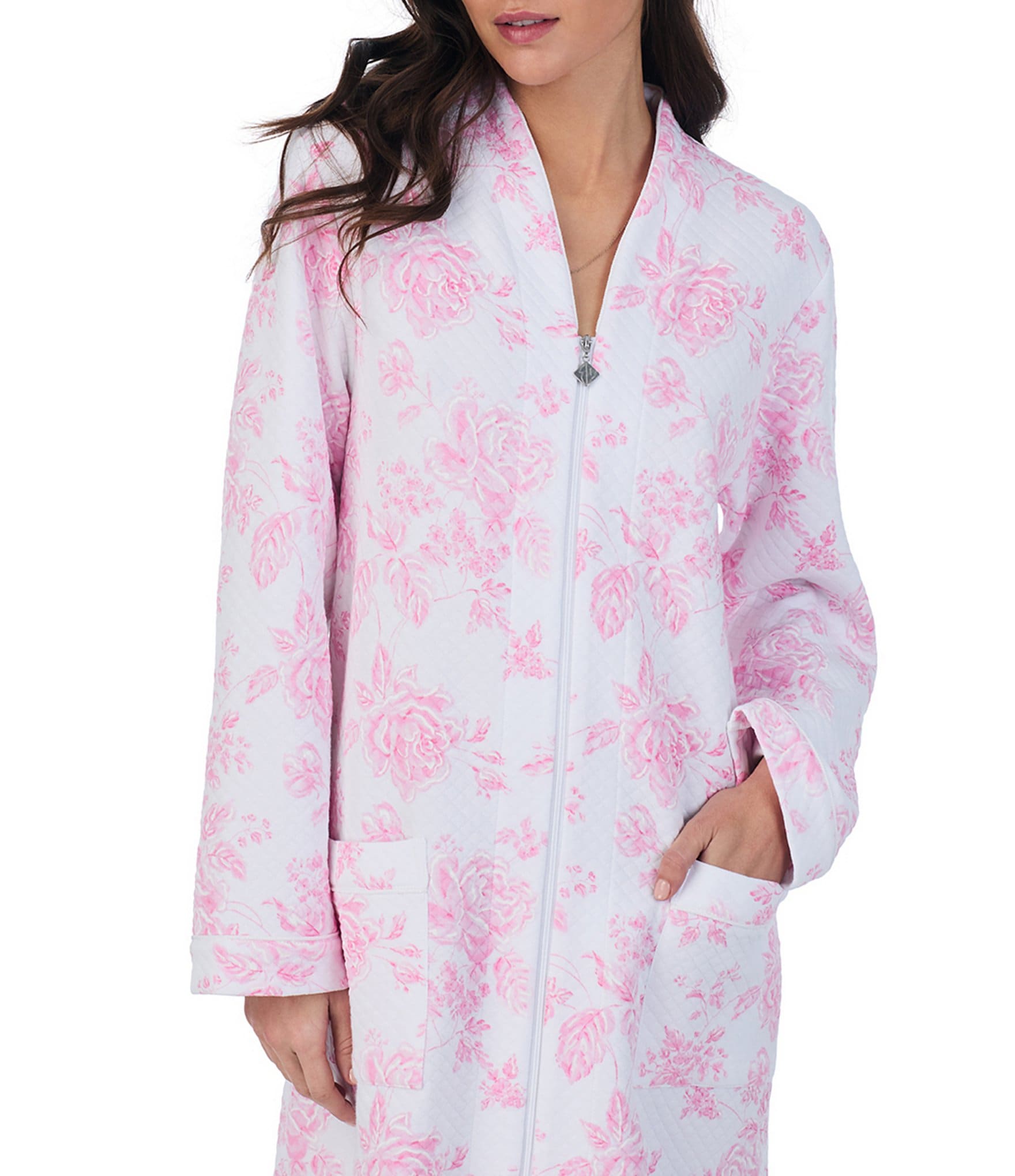 Eileen West Rose Print Diamond Quilted Long Sleeve Zip-Front Waltz Robe