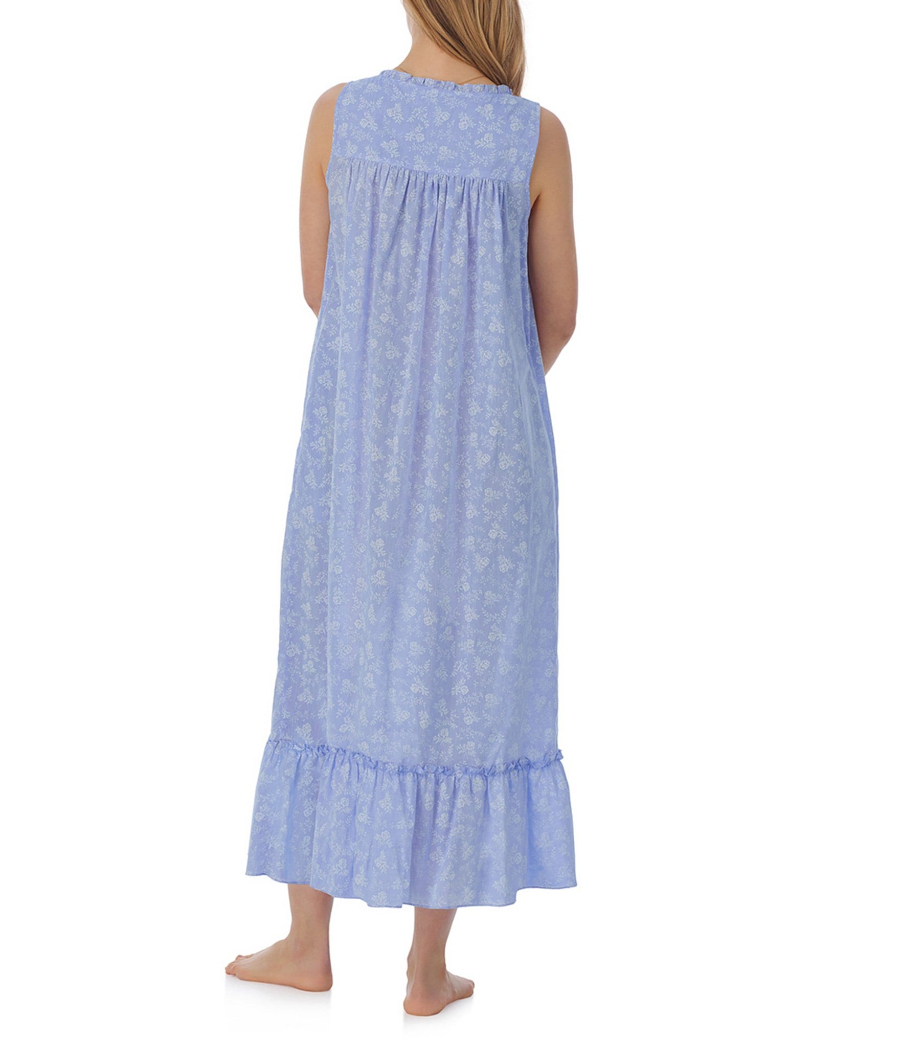 Eileen West Sleeveless Sweetheart Neck Floral Woven Chambray Ballet Nightgown