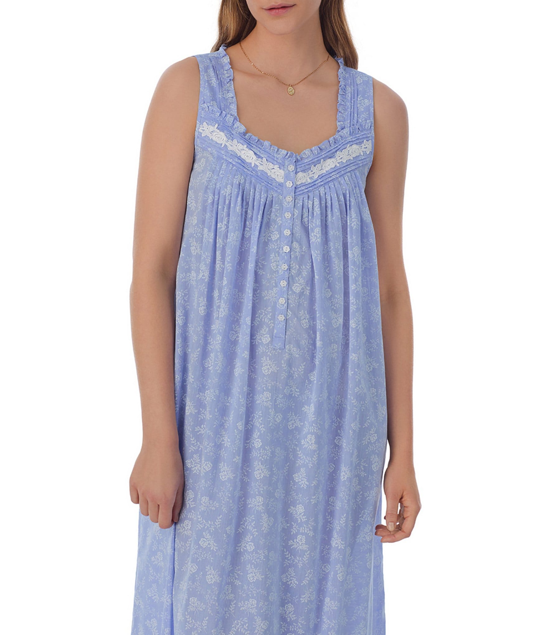 Eileen West Sleeveless Sweetheart Neck Floral Woven Chambray Ballet Nightgown