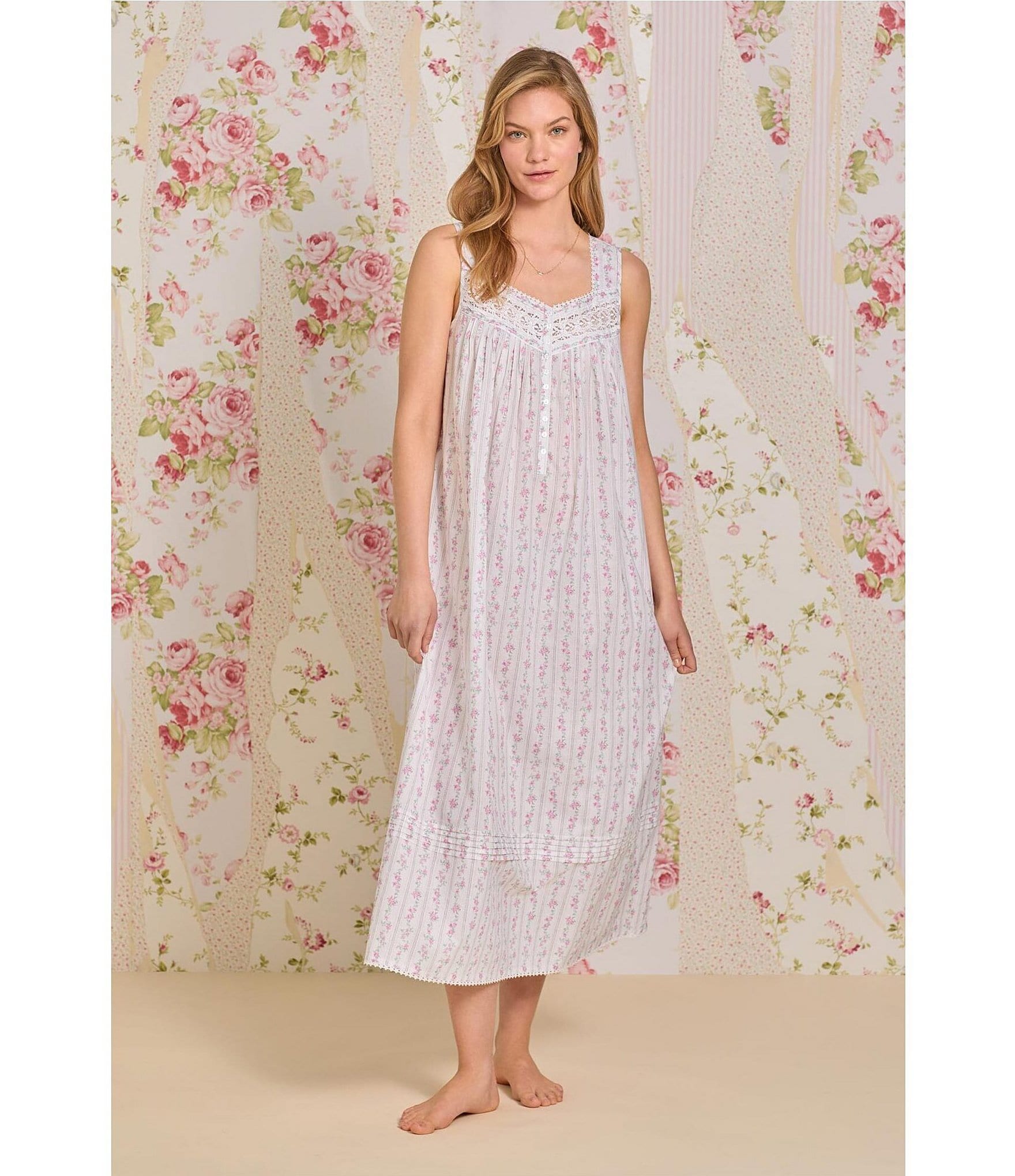 Eileen West Sleeveless Sweetheart Neck Woven Floral Striped Ballet Nightgown