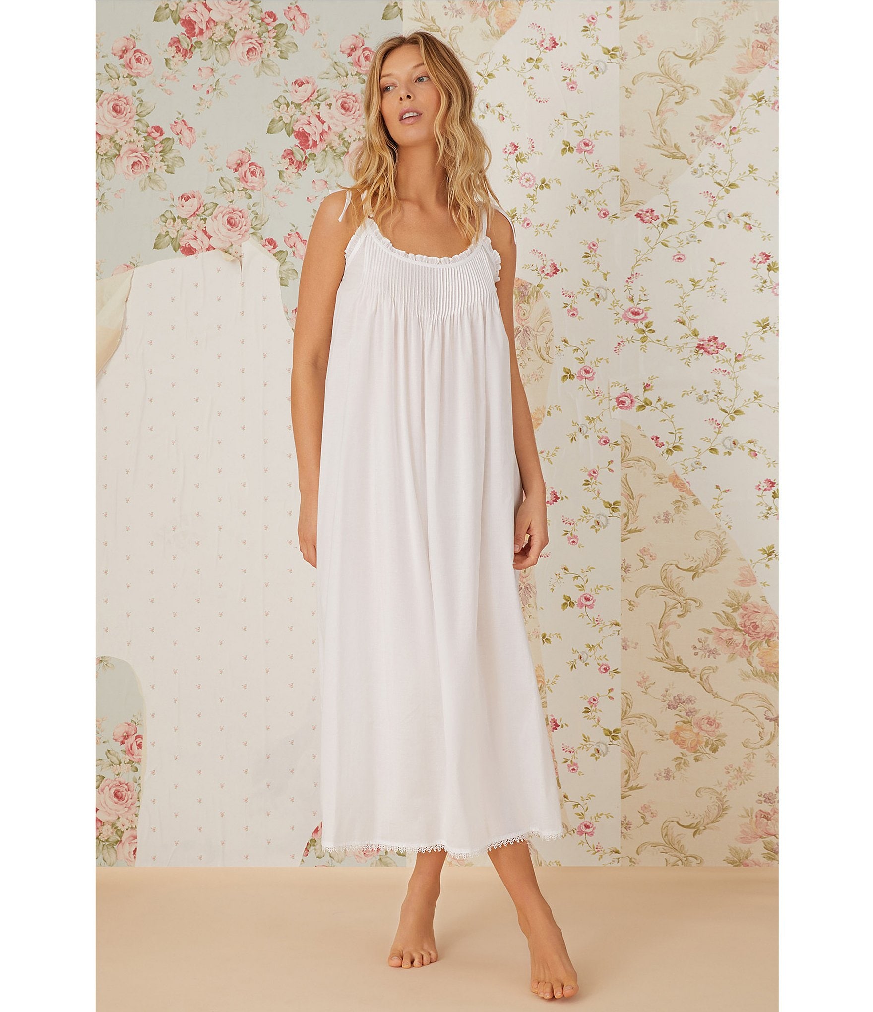 Eileen West Solid Woven Cotton Round Neck Sleeveless Tie-Strap Ballet Nightgown