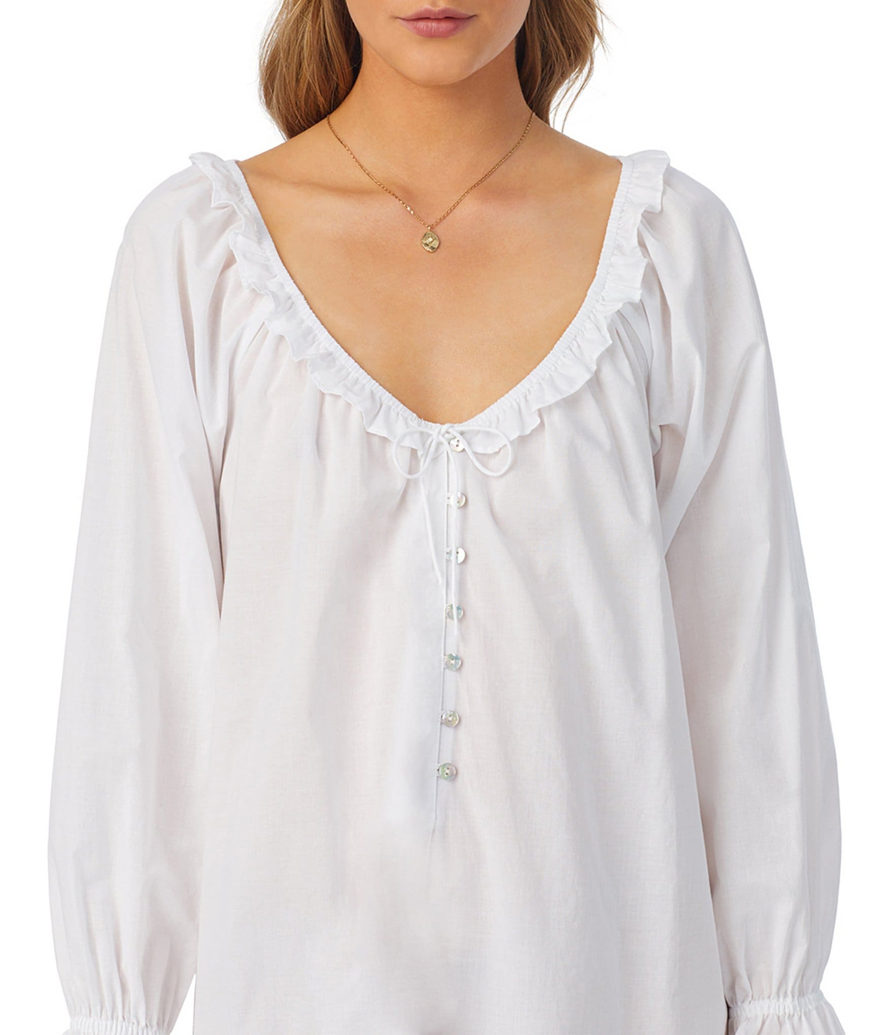 Eileen West Solid Woven Long Sleeve V-Neck Poet Nightshirt