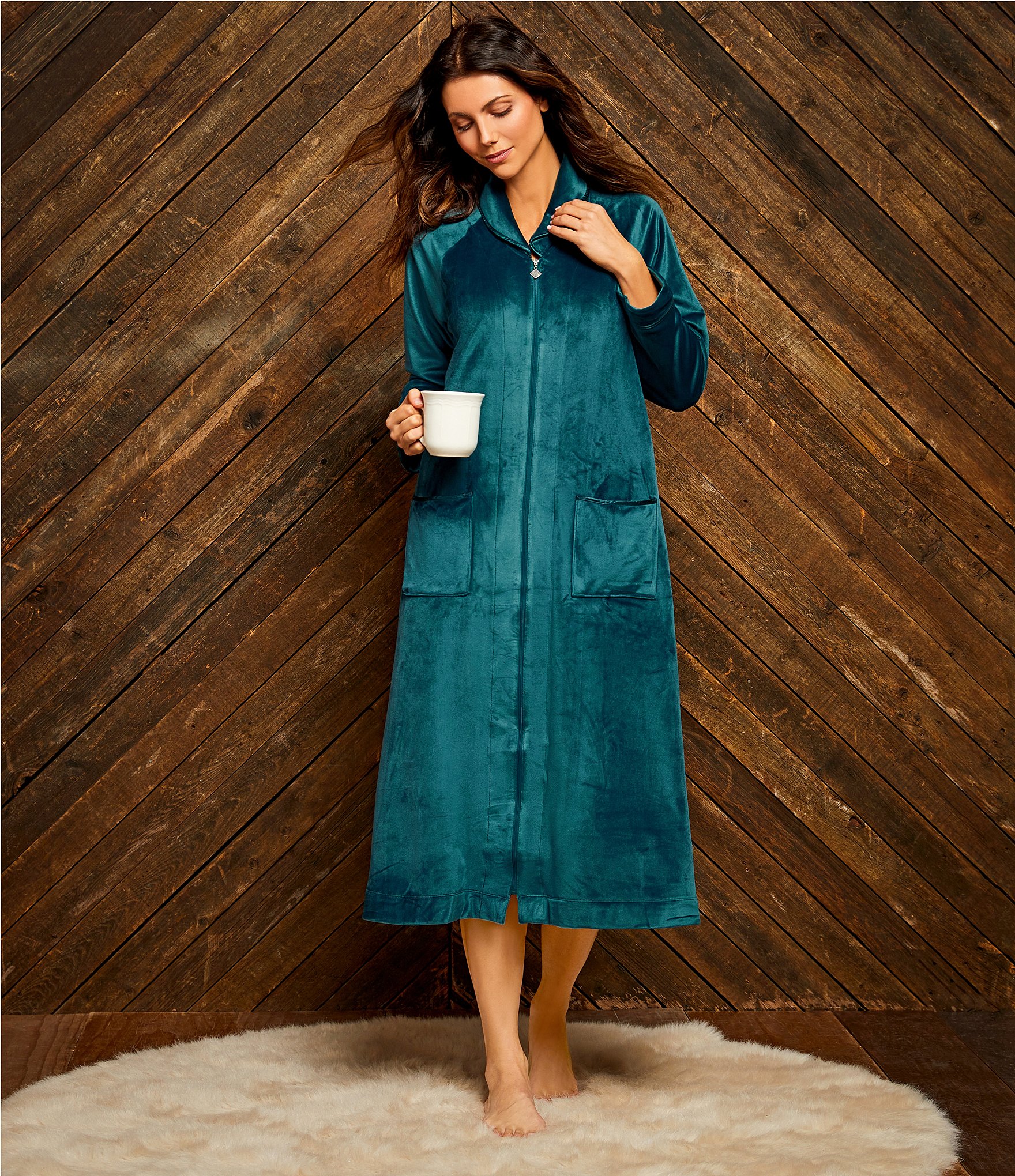 Cozy Velour Long Sleeve Zip-Front Robe