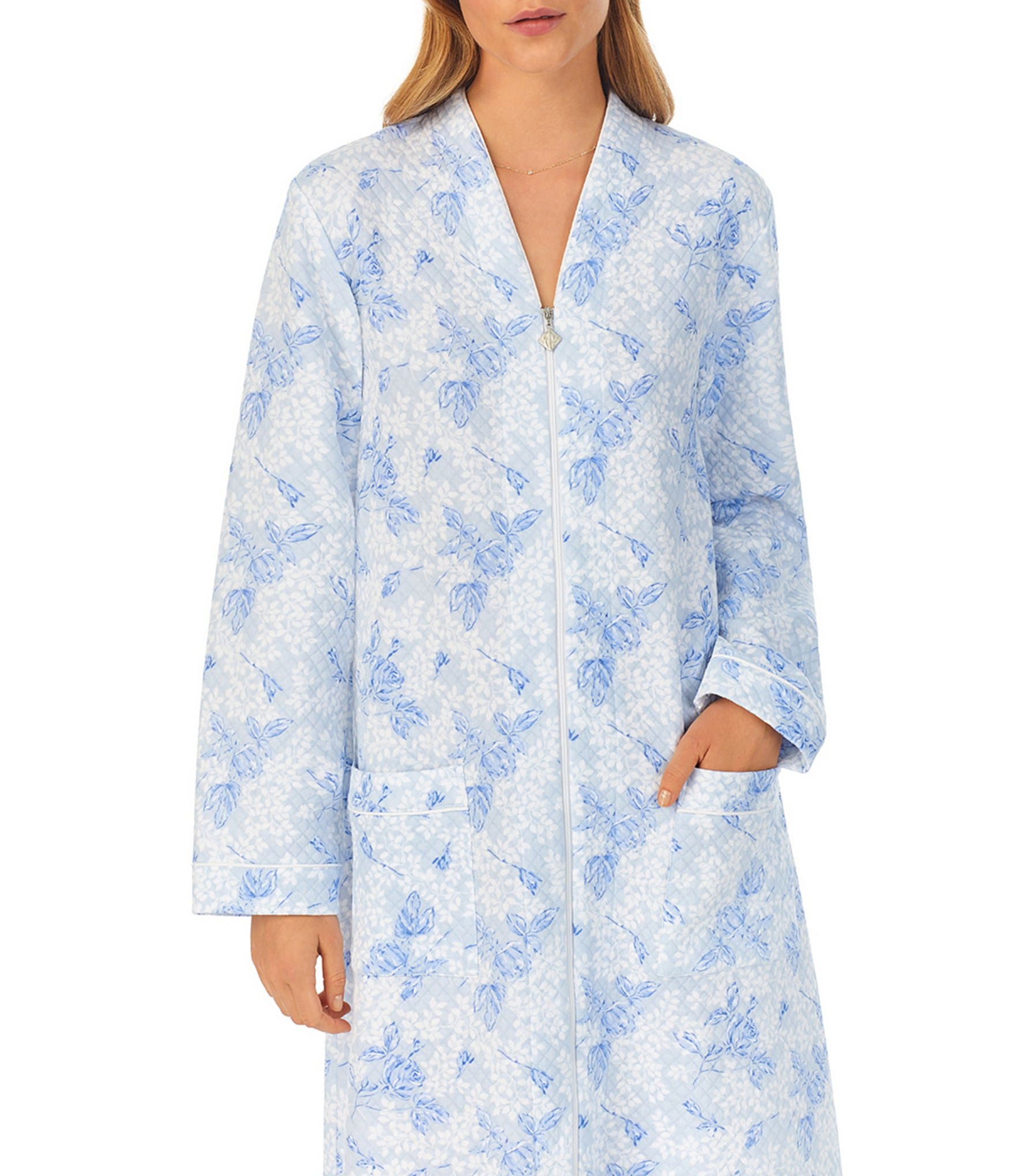 Eileen West Waltz Floral Diamond Quilted Long Sleeve Zip-Front Waltz Robe